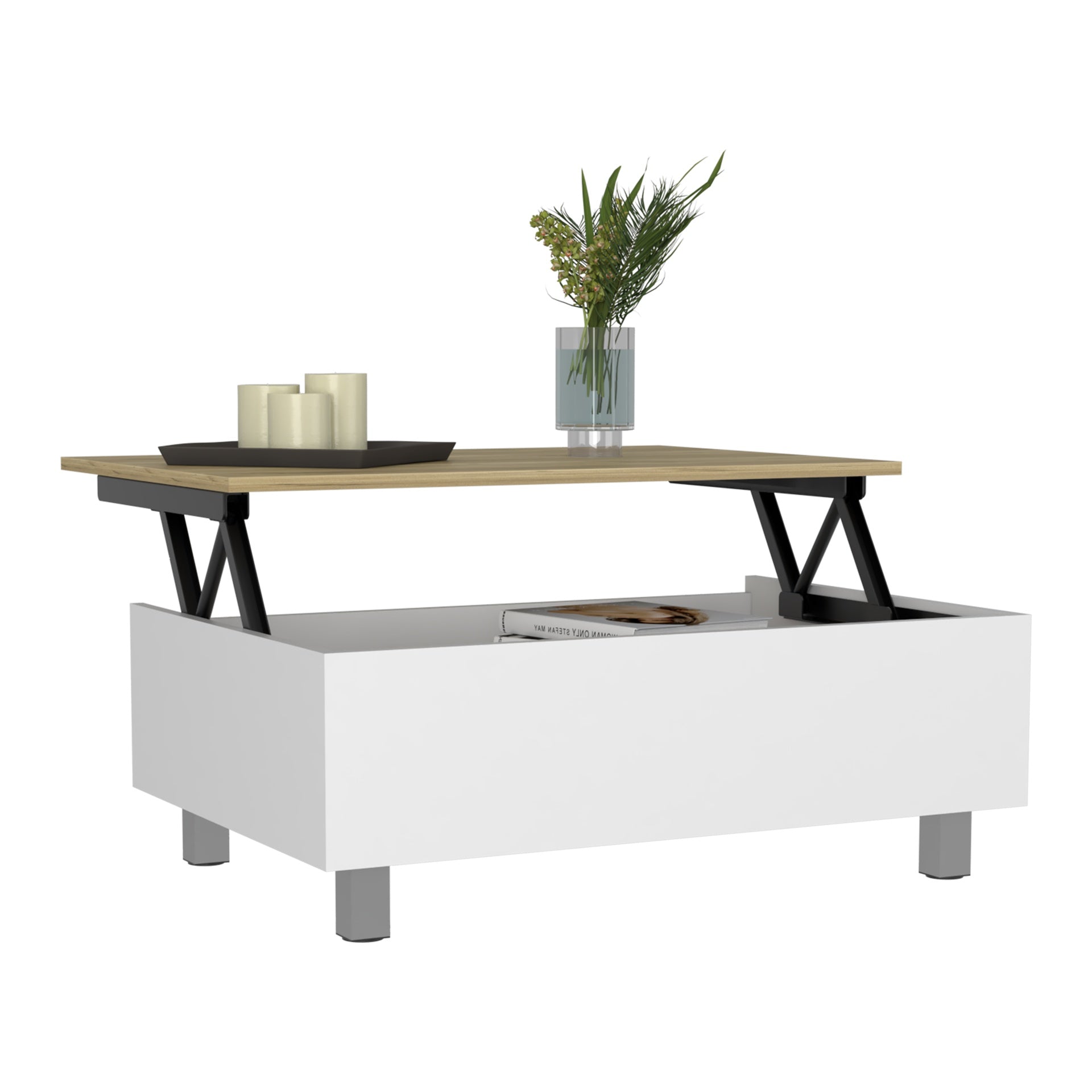 Lift Top Coffee Annapolis, Storage Compartment, White / Light Oak Finish