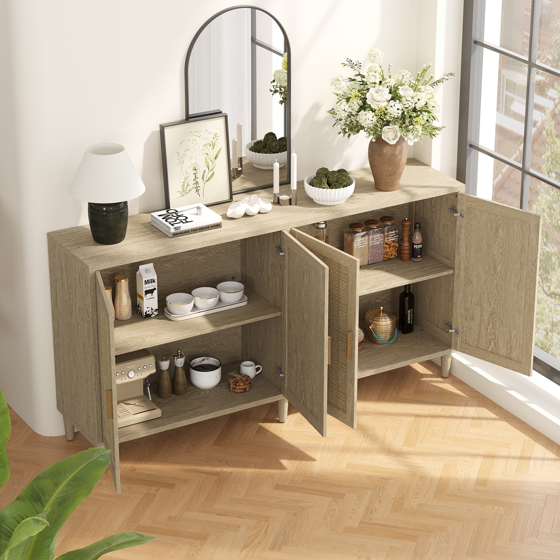 70" Rattan Buffet Cabinet with Storage, 4-Door Sideboard Buffet Cabinet with Adjustable Shelves for Kitchen, Living Room and Dining Room, Easy Assembly,Natural