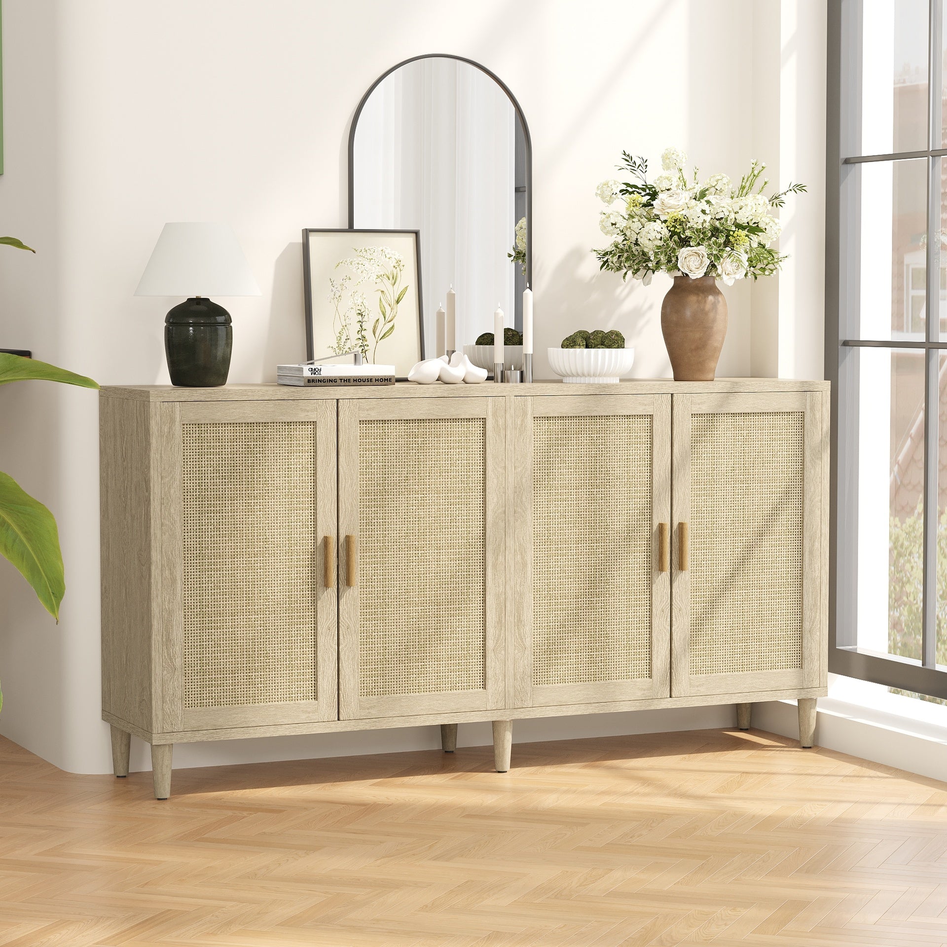 70" Rattan Buffet Cabinet with Storage, 4-Door Sideboard Buffet Cabinet with Adjustable Shelves for Kitchen, Living Room and Dining Room, Easy Assembly,Natural
