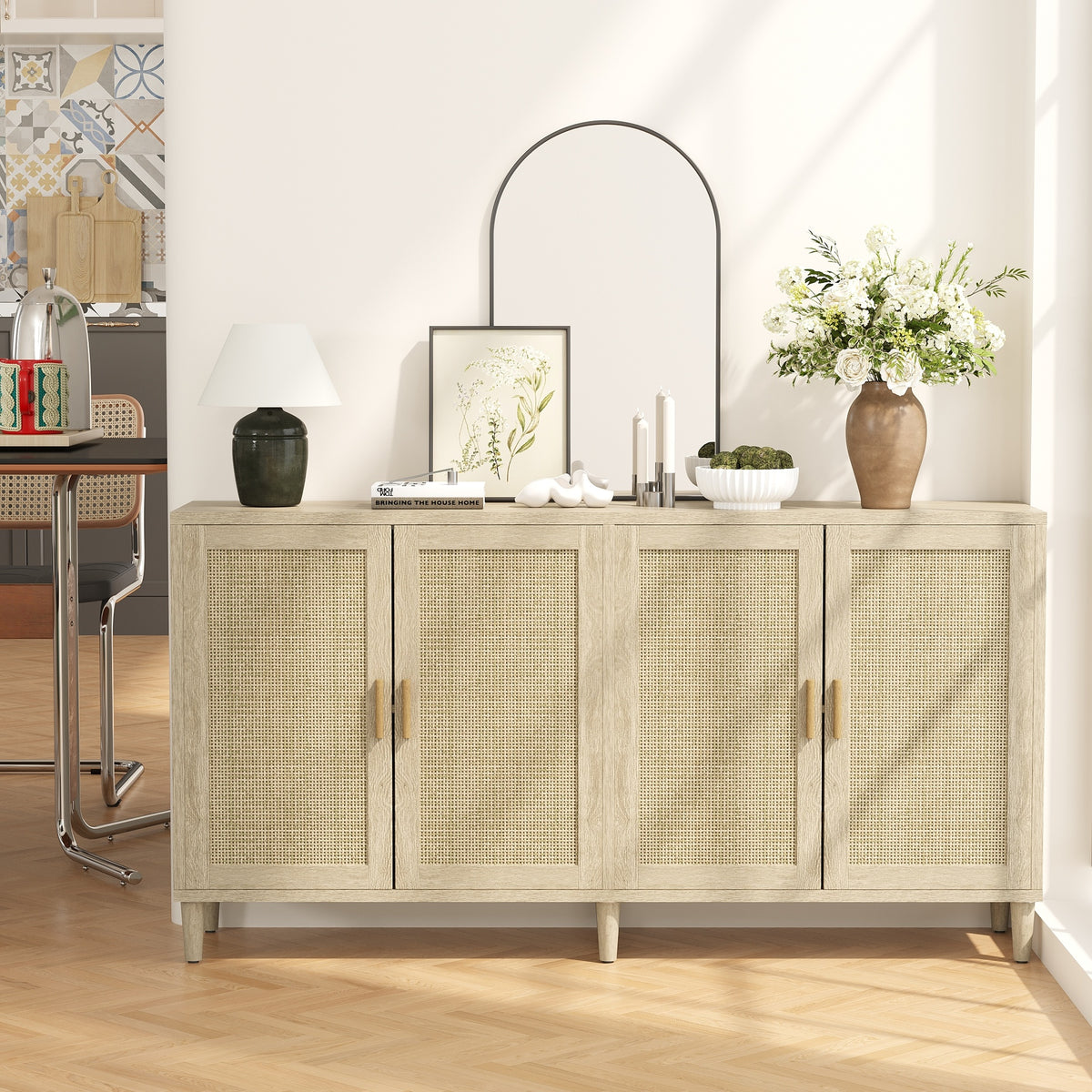 70" Rattan Buffet Cabinet with Storage, 4-Door Sideboard Buffet Cabinet with Adjustable Shelves for Kitchen, Living Room and Dining Room, Easy Assembly,Natural