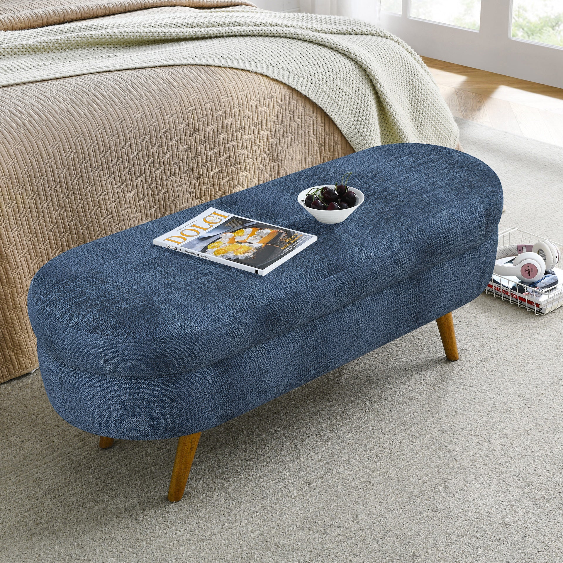 Ottoman Oval Storage Bench,Rubber Wood Legs, Gray (43.5"x16"x16")Dark Blue
