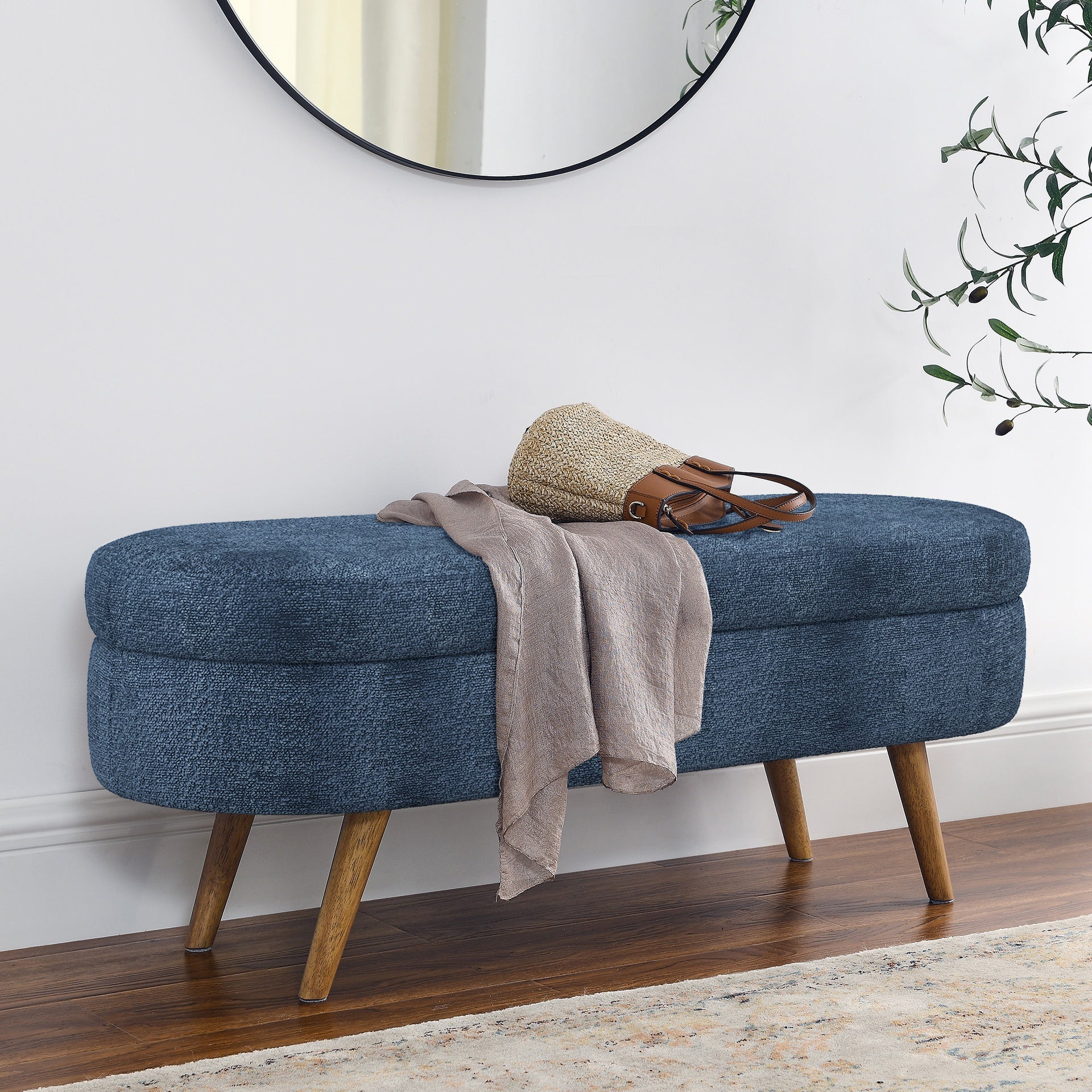 Ottoman Oval Storage Bench,Rubber Wood Legs, Gray (43.5"x16"x16")Dark Blue