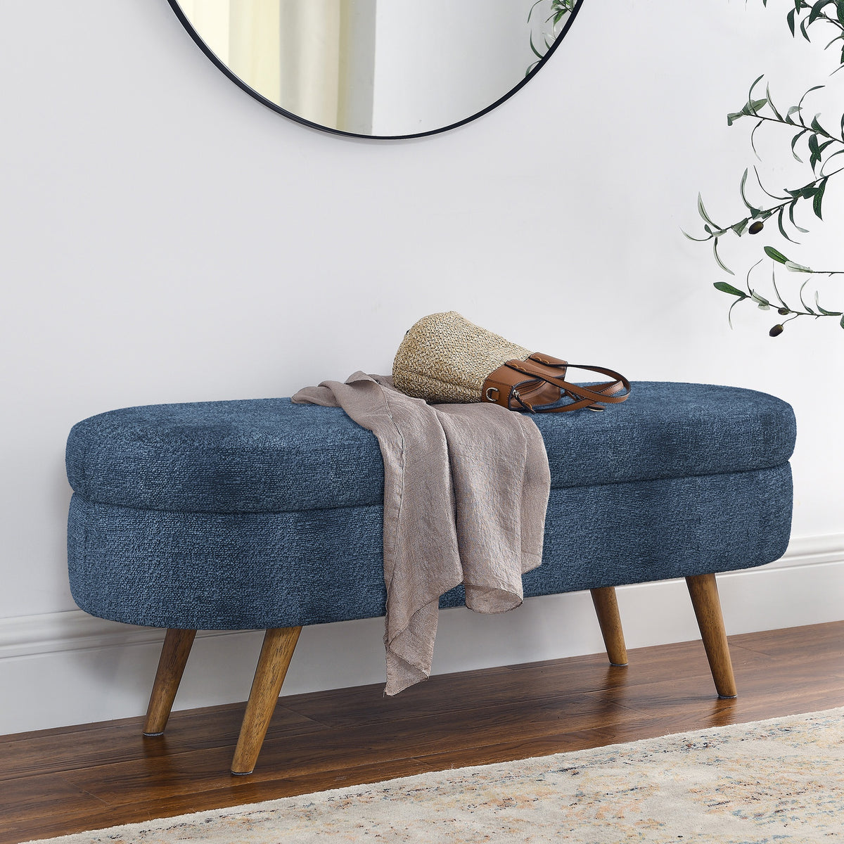 Ottoman Oval Storage Bench,Rubber Wood Legs, Gray (43.5"x16"x16")Dark Blue