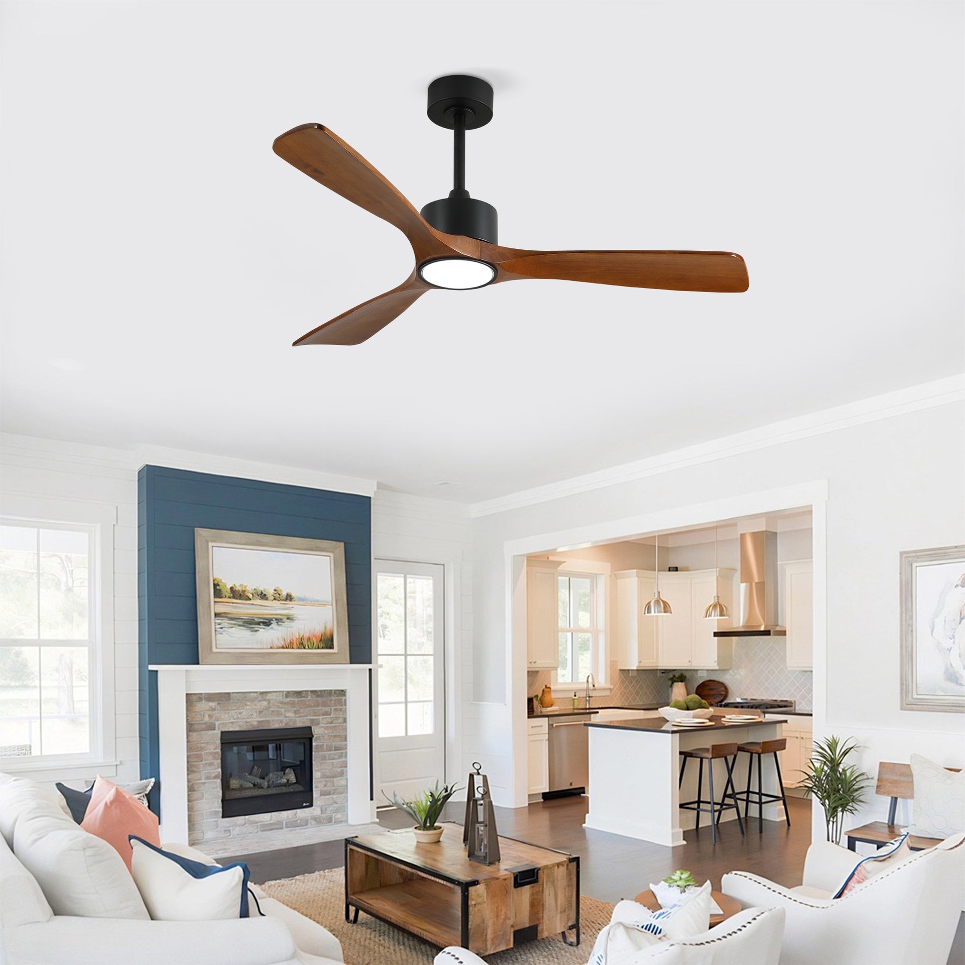 52 Inch 3 Rod Solid Wood Ceiling Fan With Light Kit Dimmable LED, DC 6 Speed ,Remote Control Ceiling Fan  for Patio Living Room, Bedroom, Office,Indoor.(Matte Black +Wood)