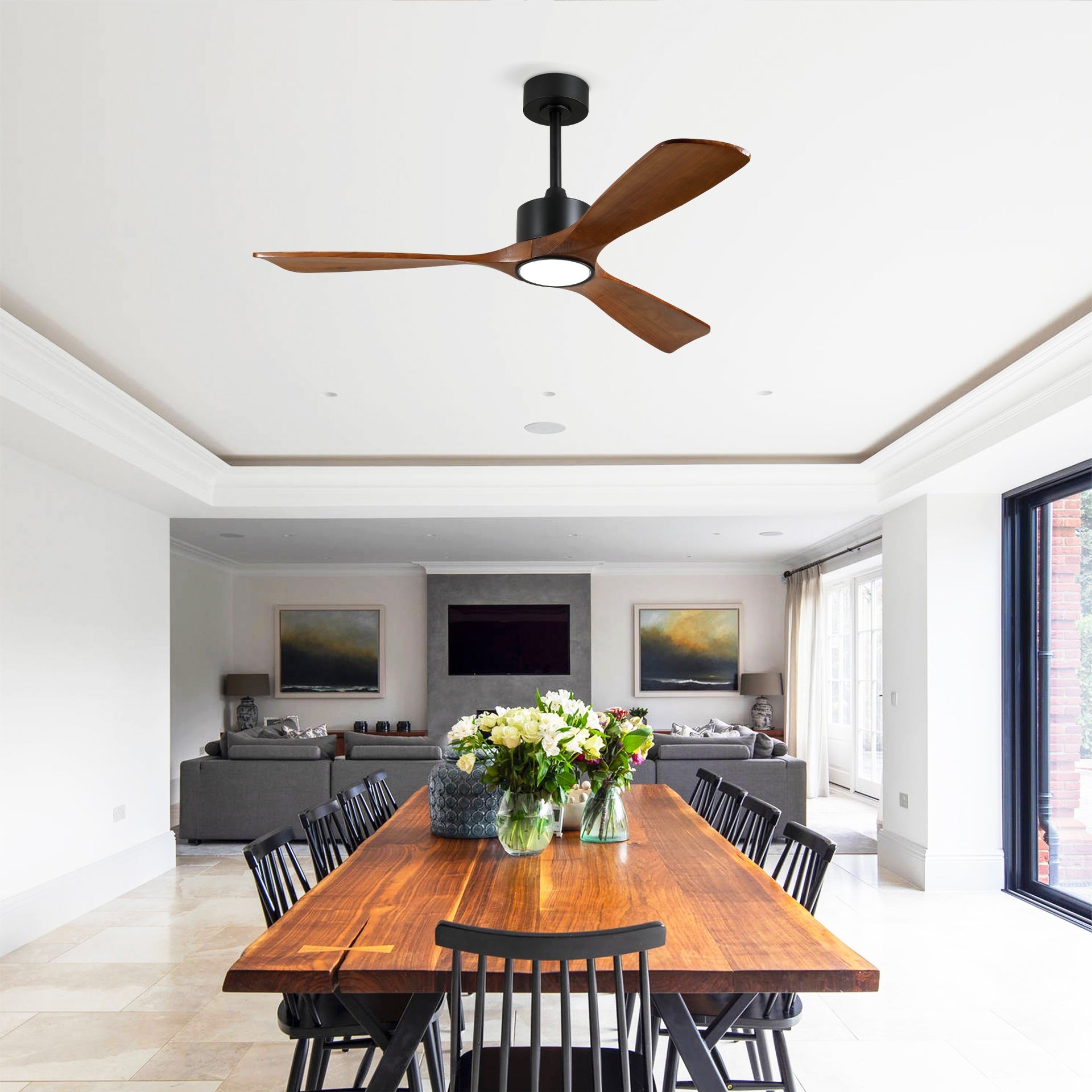 52 Inch 3 Rod Solid Wood Ceiling Fan With Light Kit Dimmable LED, DC 6 Speed ,Remote Control Ceiling Fan  for Patio Living Room, Bedroom, Office,Indoor.(Matte Black +Wood)