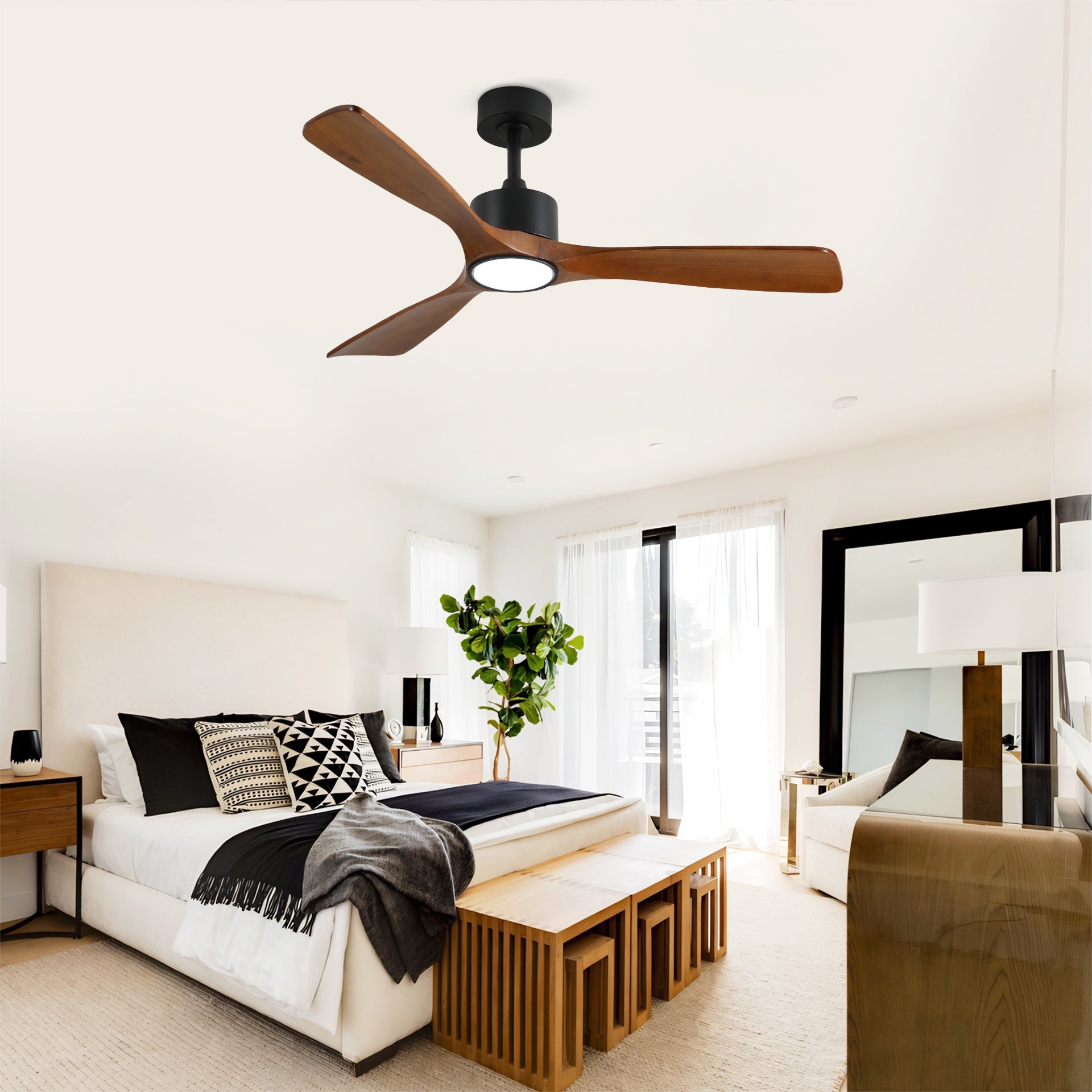 52 Inch 3 Rod Solid Wood Ceiling Fan With Light Kit Dimmable LED, DC 6 Speed ,Remote Control Ceiling Fan  for Patio Living Room, Bedroom, Office,Indoor.(Matte Black +Wood)