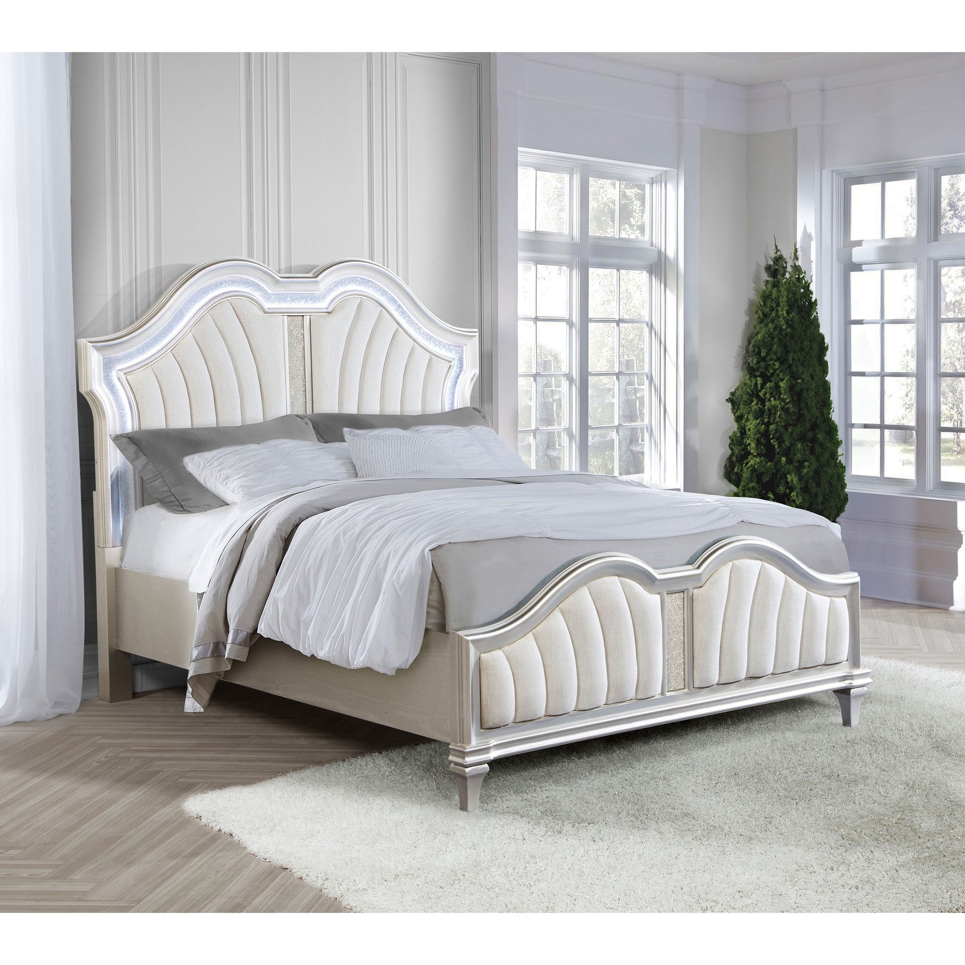 Katerina Ivory and Silver Oak Queen Platform Bed with LED Light
