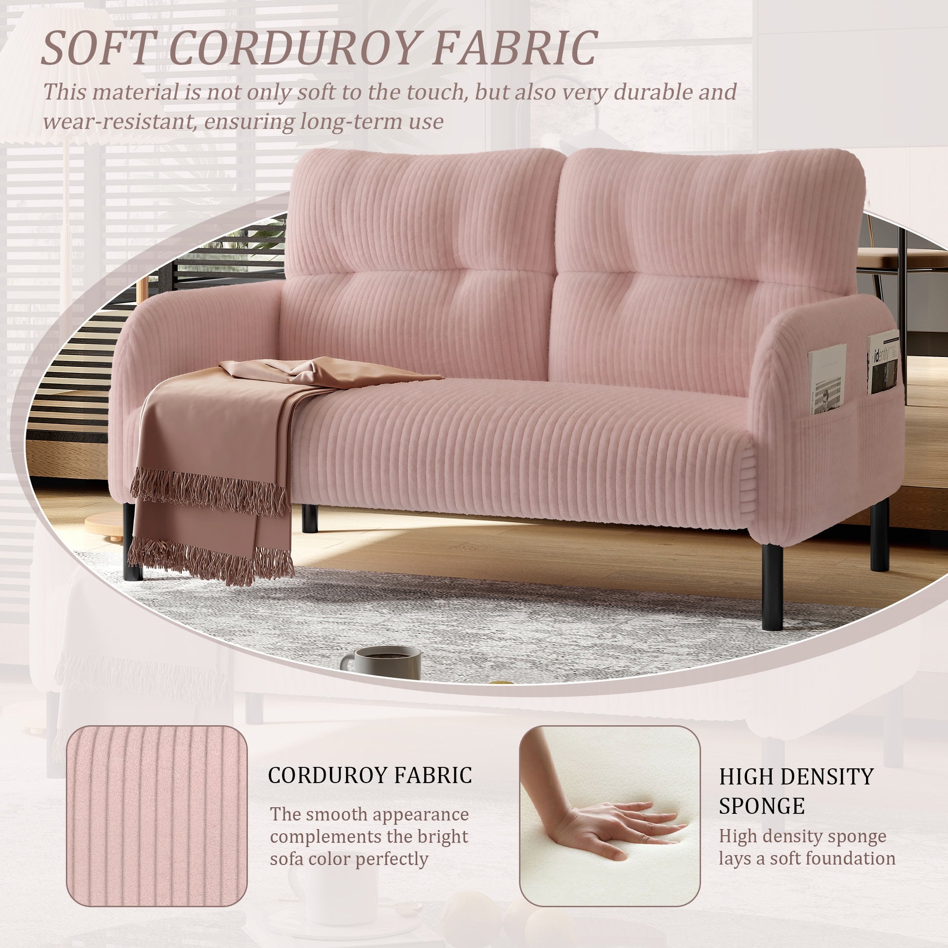 UNITED WE WIN corduroy fabric, comfortable monochrome double sofa, suitable for living rooms and bedrooms