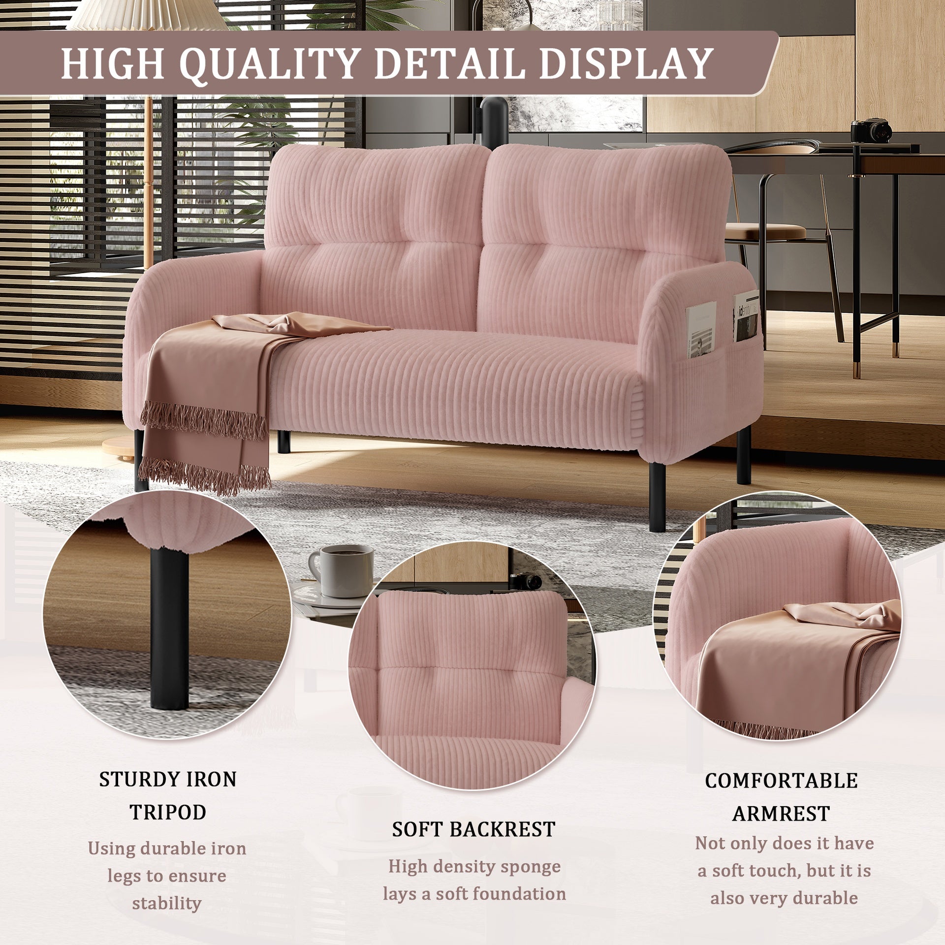UNITED WE WIN corduroy fabric, comfortable monochrome double sofa, suitable for living rooms and bedrooms
