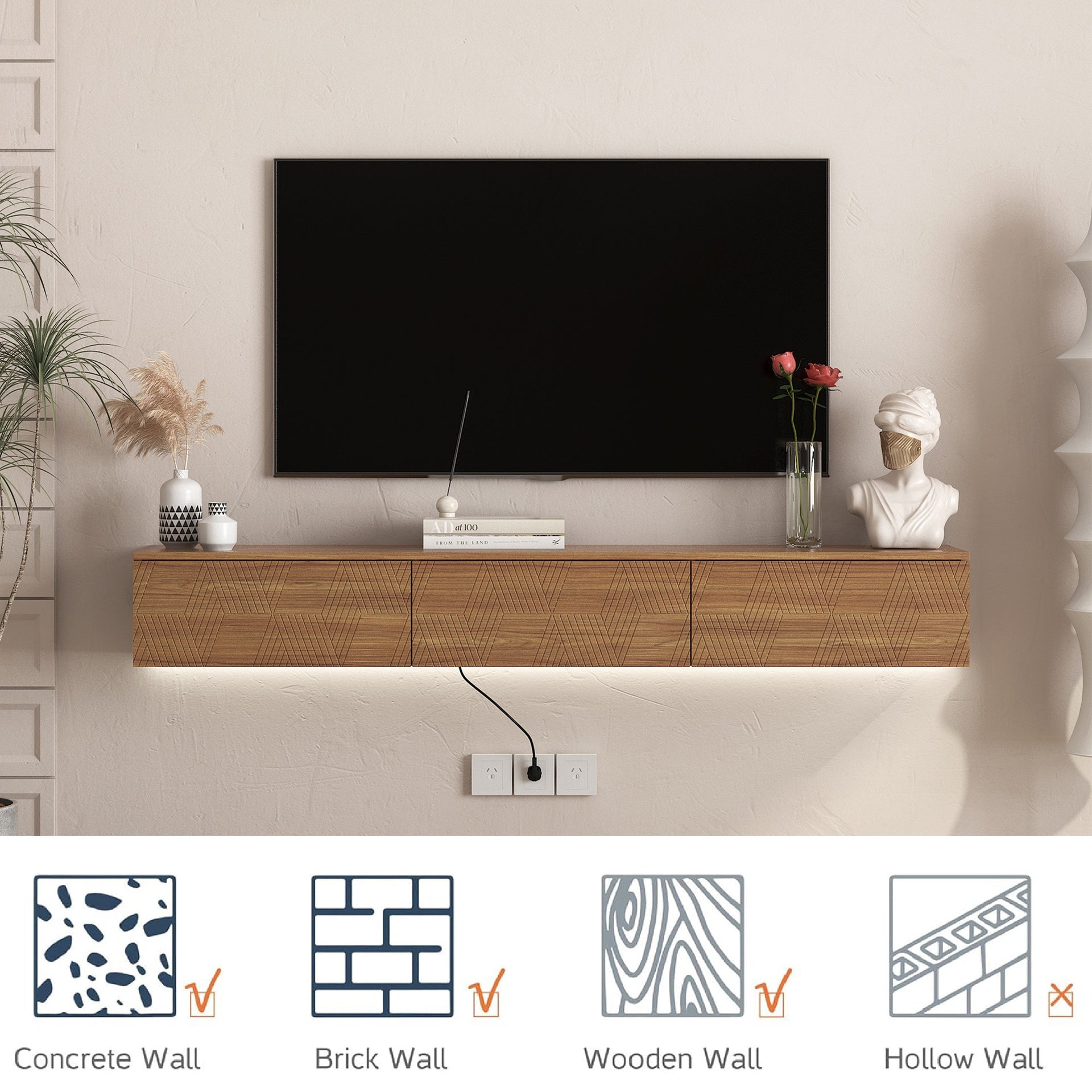 Floating TV Stand Wall Mounted with 16 Color LEDs,67" Modern TV Stand, Floating TV Cabinet Entertainment Center for 55 60 65 Inch TV