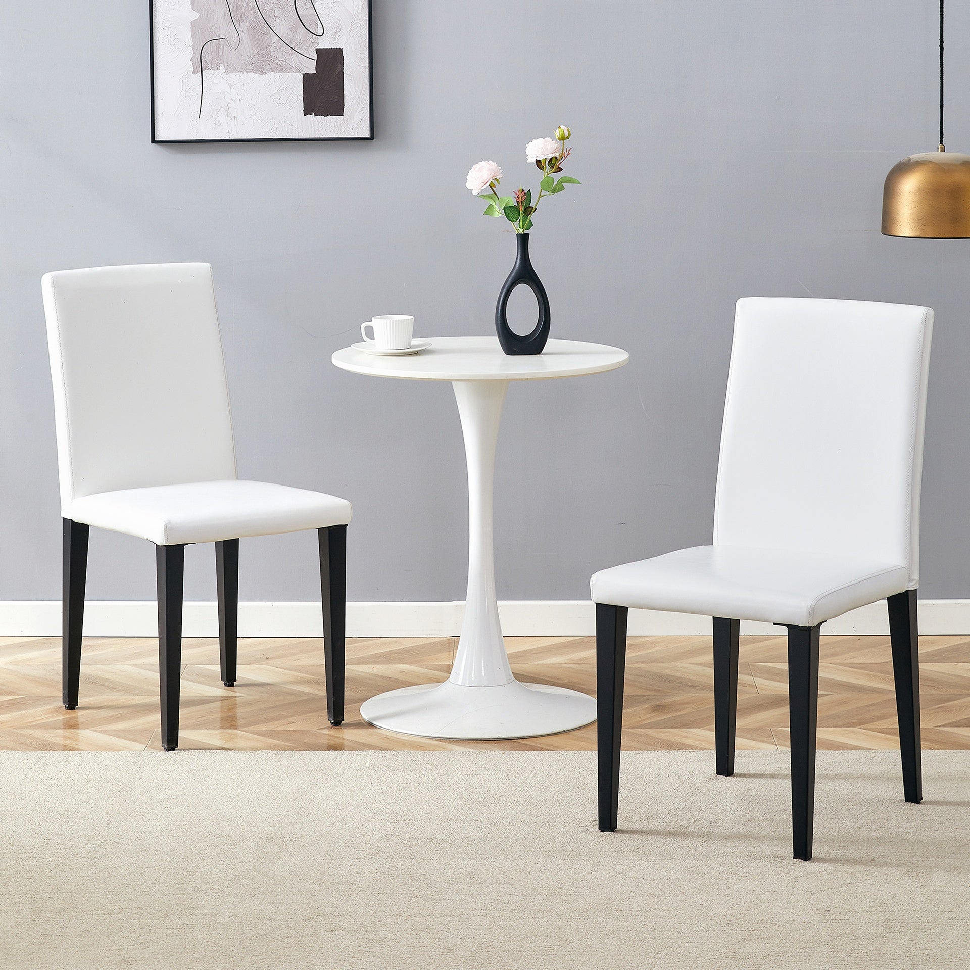 Set of 2 White PU Dining Chairs: 35.4" High, 18.5" Ergonomic Backrest, 17"×16" Sponge Seat, Perfect for Dining Room, Home Office & Living Space, Stylish & Comfortable.Black Metal Leg.