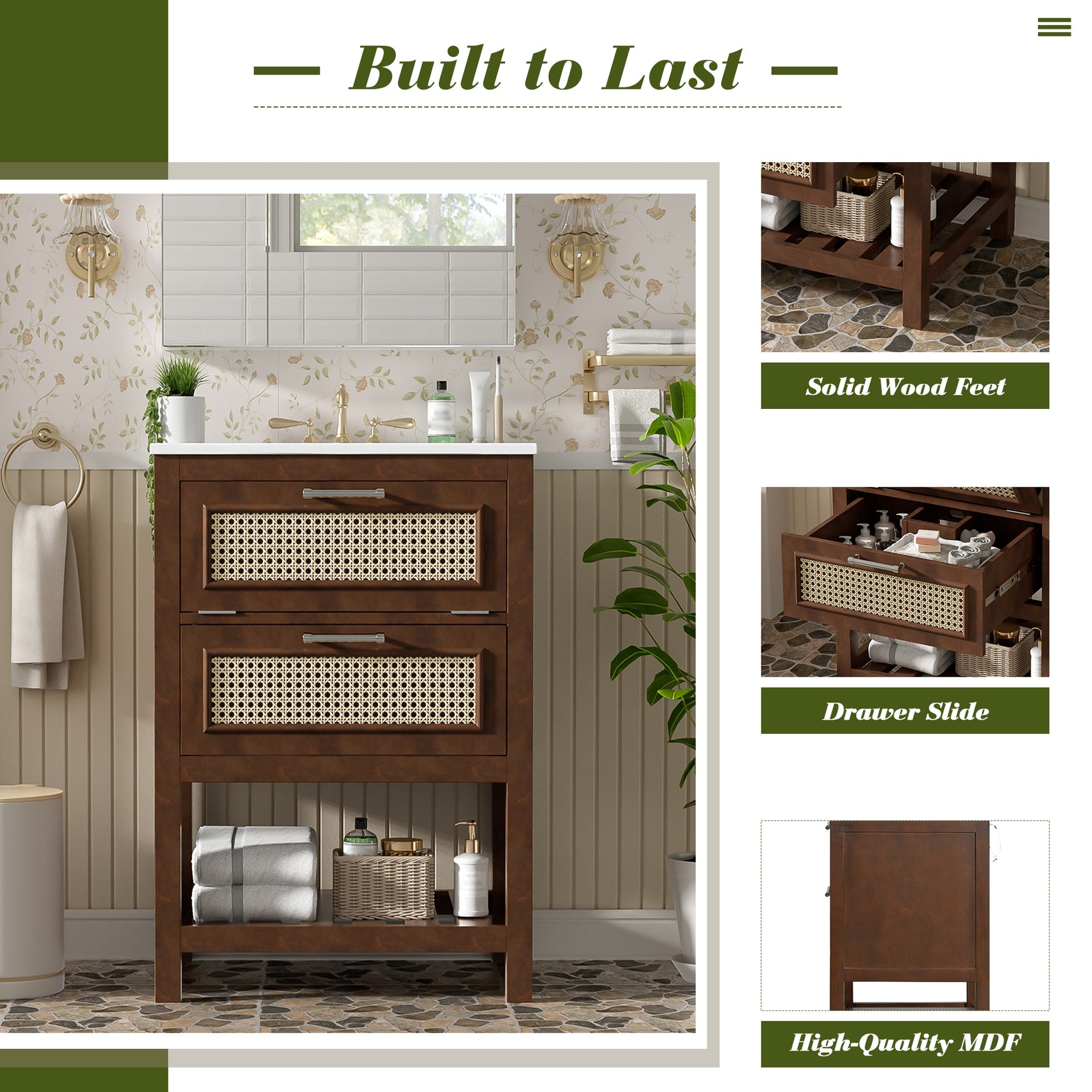 24" Bathroom Vanity with Integrated Ceramic Sink, Bathroom Cabinet with 1 Deep Drawer, 1 Tip-Out Drawer, Single Sink Bathroom Vanity for Small and Medium Restroom