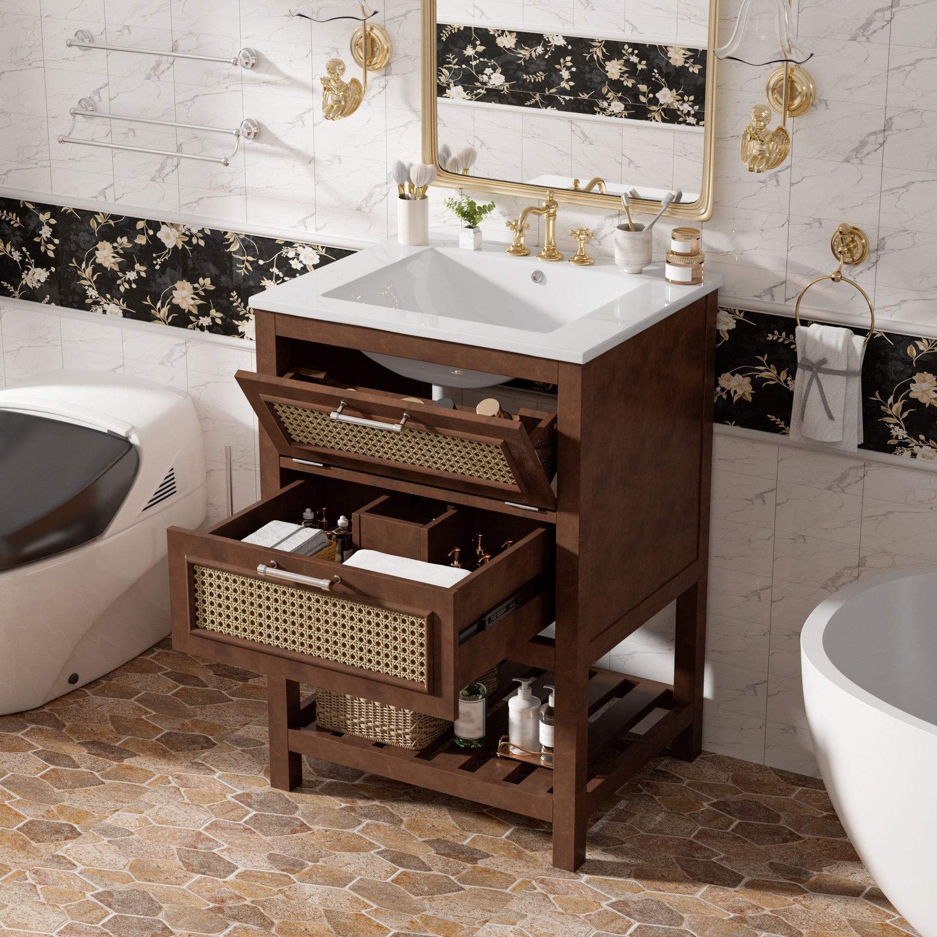 24" Bathroom Vanity with Integrated Ceramic Sink, Bathroom Cabinet with 1 Deep Drawer, 1 Tip-Out Drawer, Single Sink Bathroom Vanity for Small and Medium Restroom