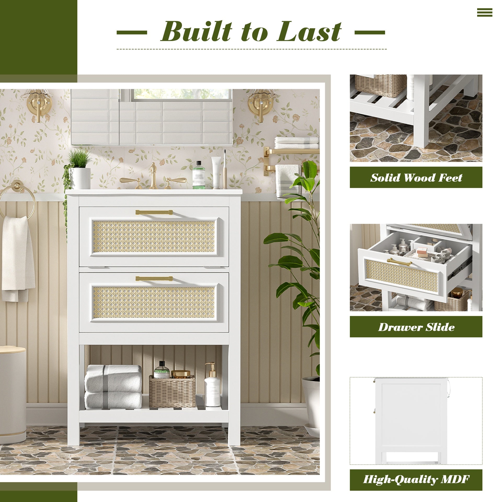 24" Bathroom Vanity with Integrated Ceramic Sink, Bathroom Cabinet with 1 Deep Drawer, 1 Tip-Out Drawer, Single Sink Bathroom Vanity for Small and Medium Restroom