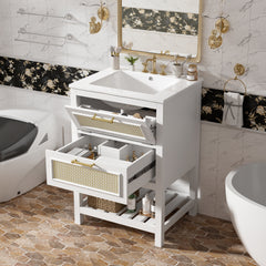 24" Bathroom Vanity with Integrated Ceramic Sink, Bathroom Cabinet with 1 Deep Drawer, 1 Tip-Out Drawer, Single Sink Bathroom Vanity for Small and Medium Restroom
