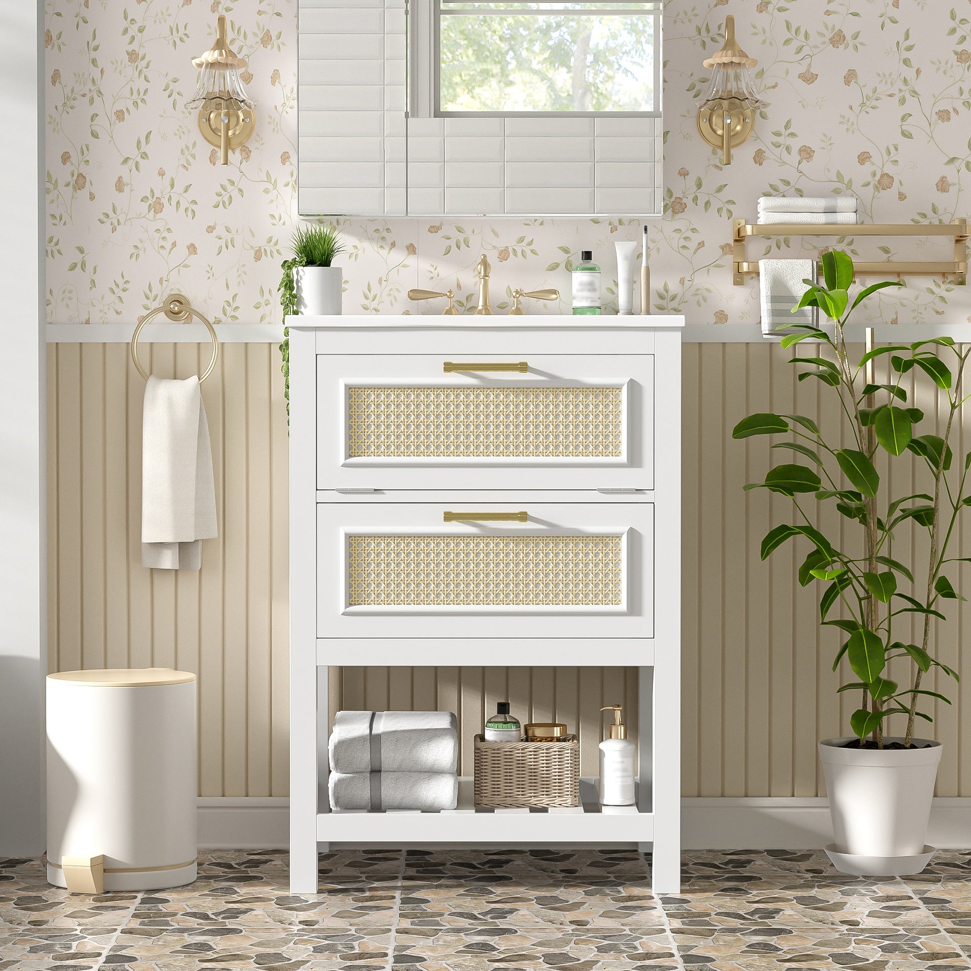 24" Bathroom Vanity with Integrated Ceramic Sink, Bathroom Cabinet with 1 Deep Drawer, 1 Tip-Out Drawer, Single Sink Bathroom Vanity for Small and Medium Restroom