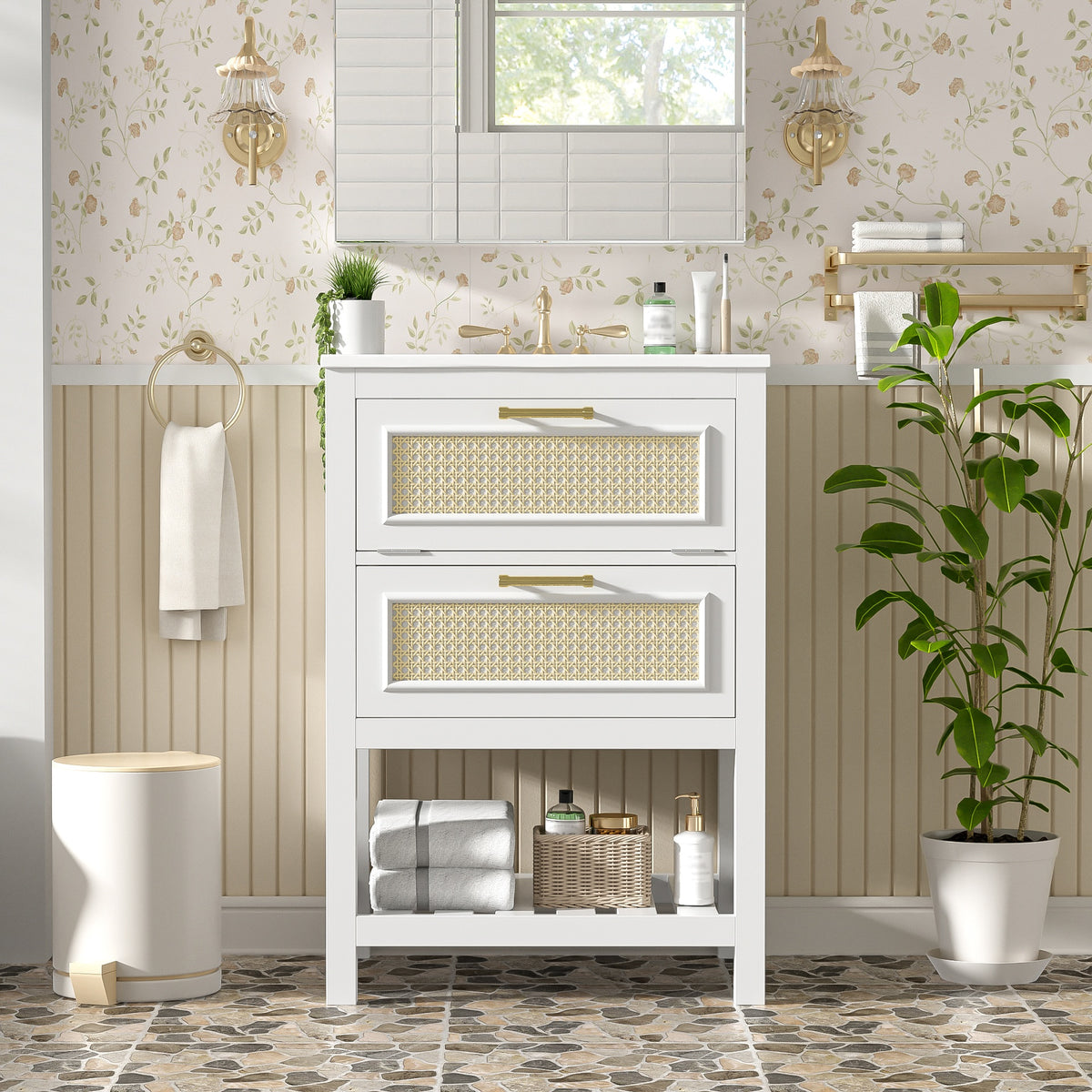 24" Bathroom Vanity with Integrated Ceramic Sink, Bathroom Cabinet with 1 Deep Drawer, 1 Tip-Out Drawer, Single Sink Bathroom Vanity for Small and Medium Restroom