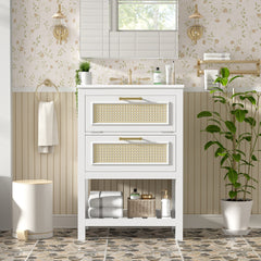 24" Bathroom Vanity with Integrated Ceramic Sink, Bathroom Cabinet with 1 Deep Drawer, 1 Tip-Out Drawer, Single Sink Bathroom Vanity for Small and Medium Restroom