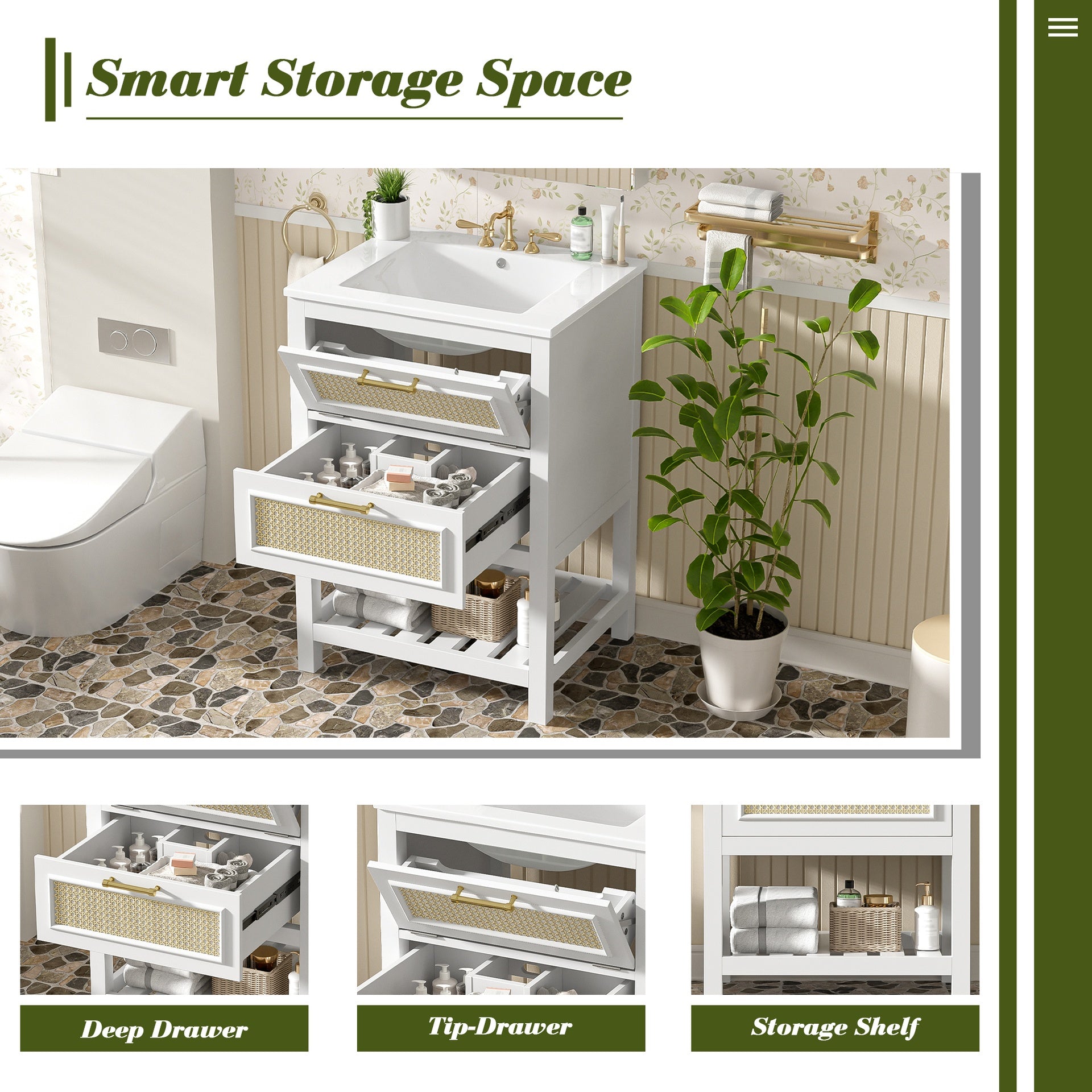 24" Bathroom Vanity with Integrated Ceramic Sink, Bathroom Cabinet with 1 Deep Drawer, 1 Tip-Out Drawer, Single Sink Bathroom Vanity for Small and Medium Restroom