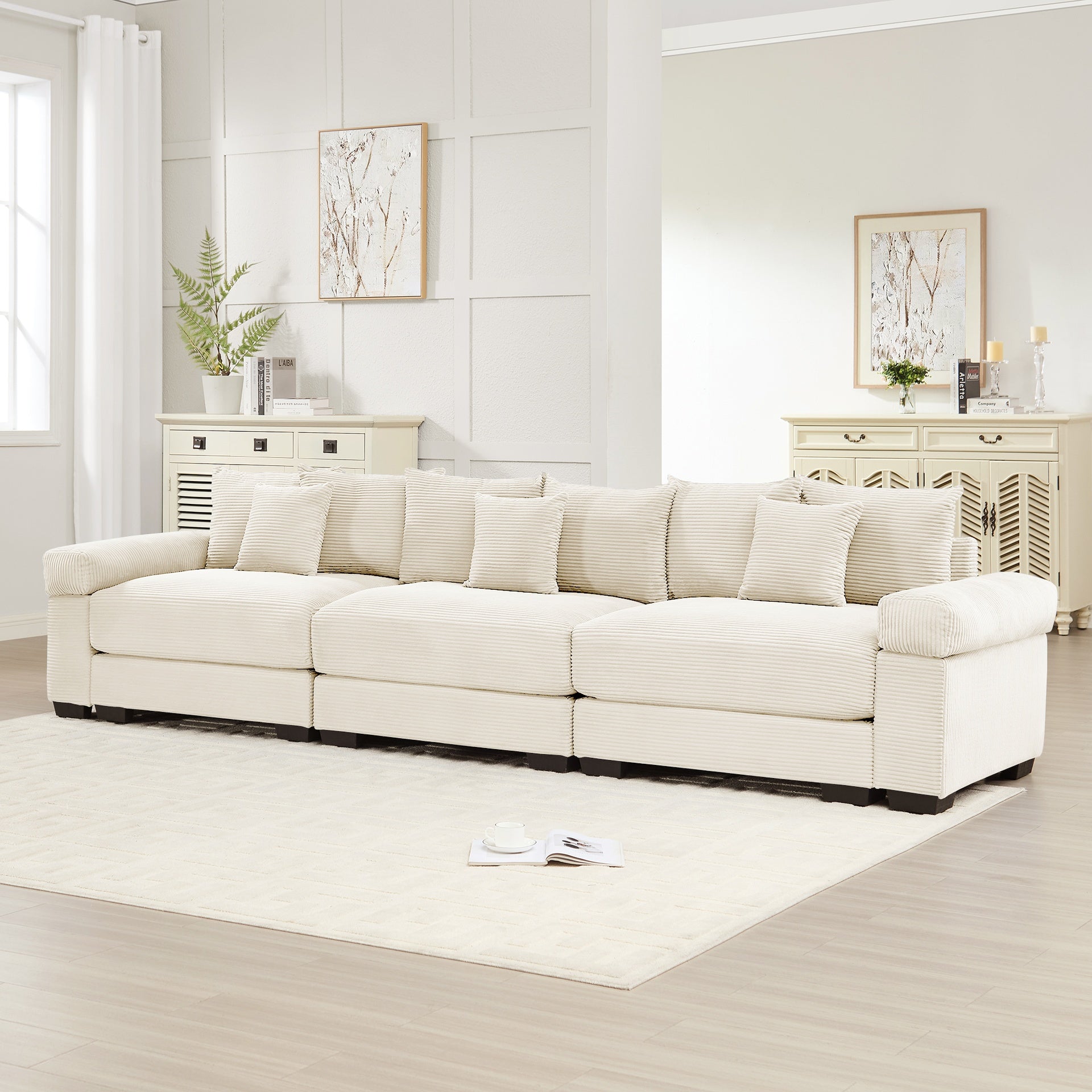 130" Oversized Cloud Modular Sectional Couch,Premium Corduroy 3-Seater Sofa Extra-Thick Armrests Good Resilience Cushion Ergonomic Design,Easy Assembly Suitable For Living Rooms Studies,Cream