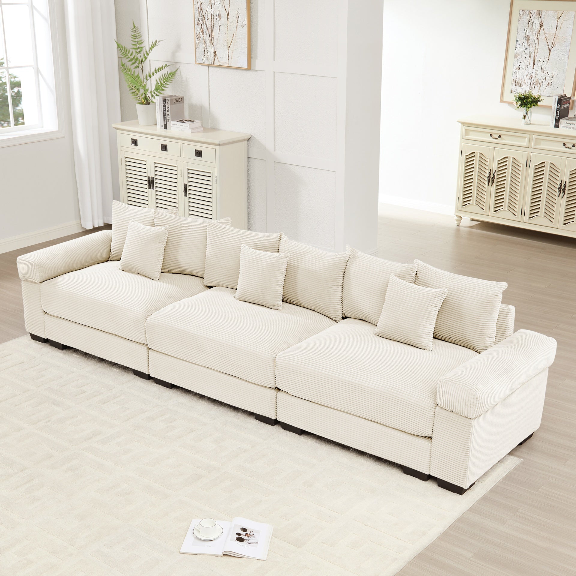 130" Oversized Cloud Modular Sectional Couch,Premium Corduroy 3-Seater Sofa Extra-Thick Armrests Good Resilience Cushion Ergonomic Design,Easy Assembly Suitable For Living Rooms Studies,Cream