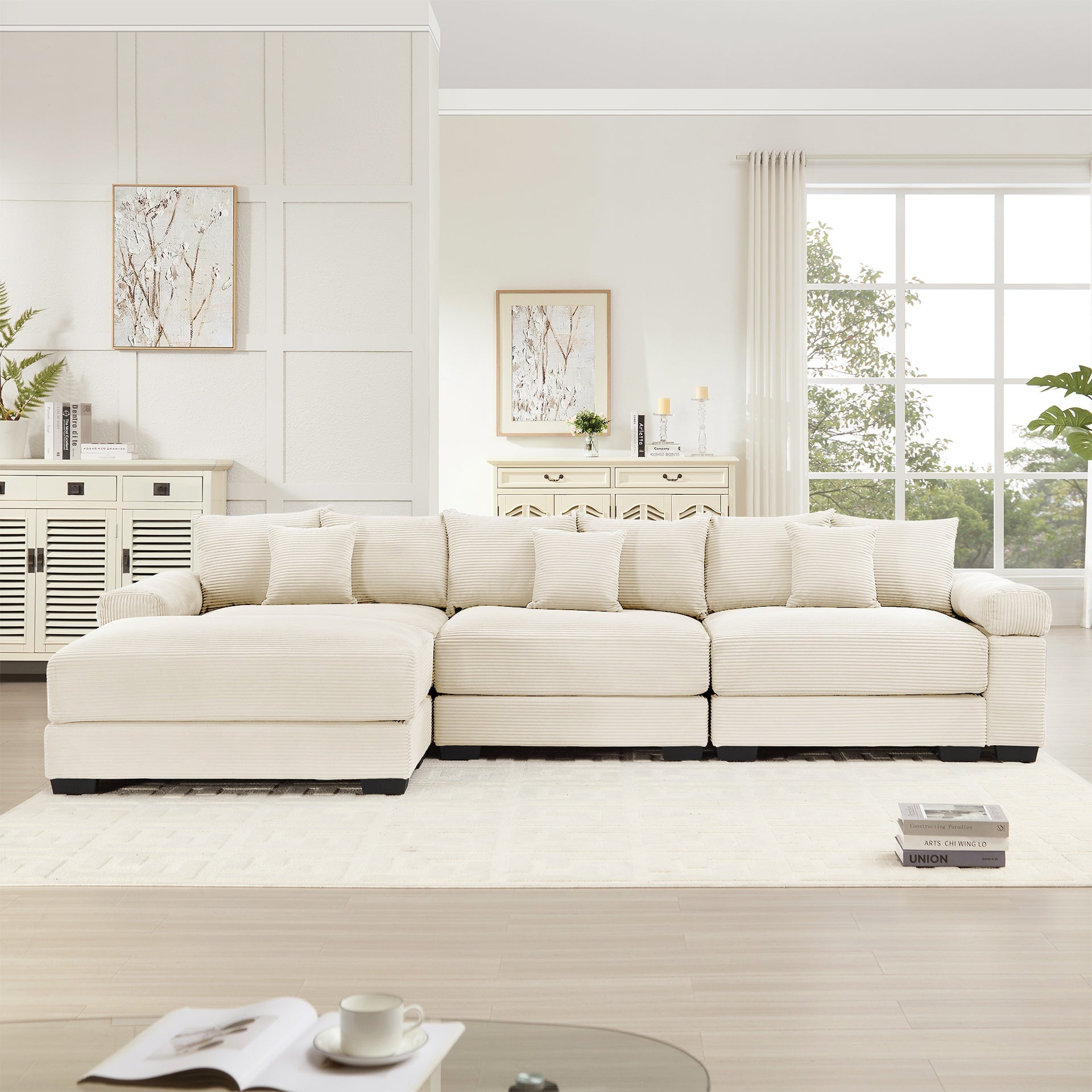 130"  Oversized Cloud Modular L-Shape Sectional Couch, Soft Corduroy Fabric,With An Ottoman,Deep Seat Wide Armrest Ergonomic Design 9 Pillows Easy Assembly,For Living Rooms bedroom,Cream