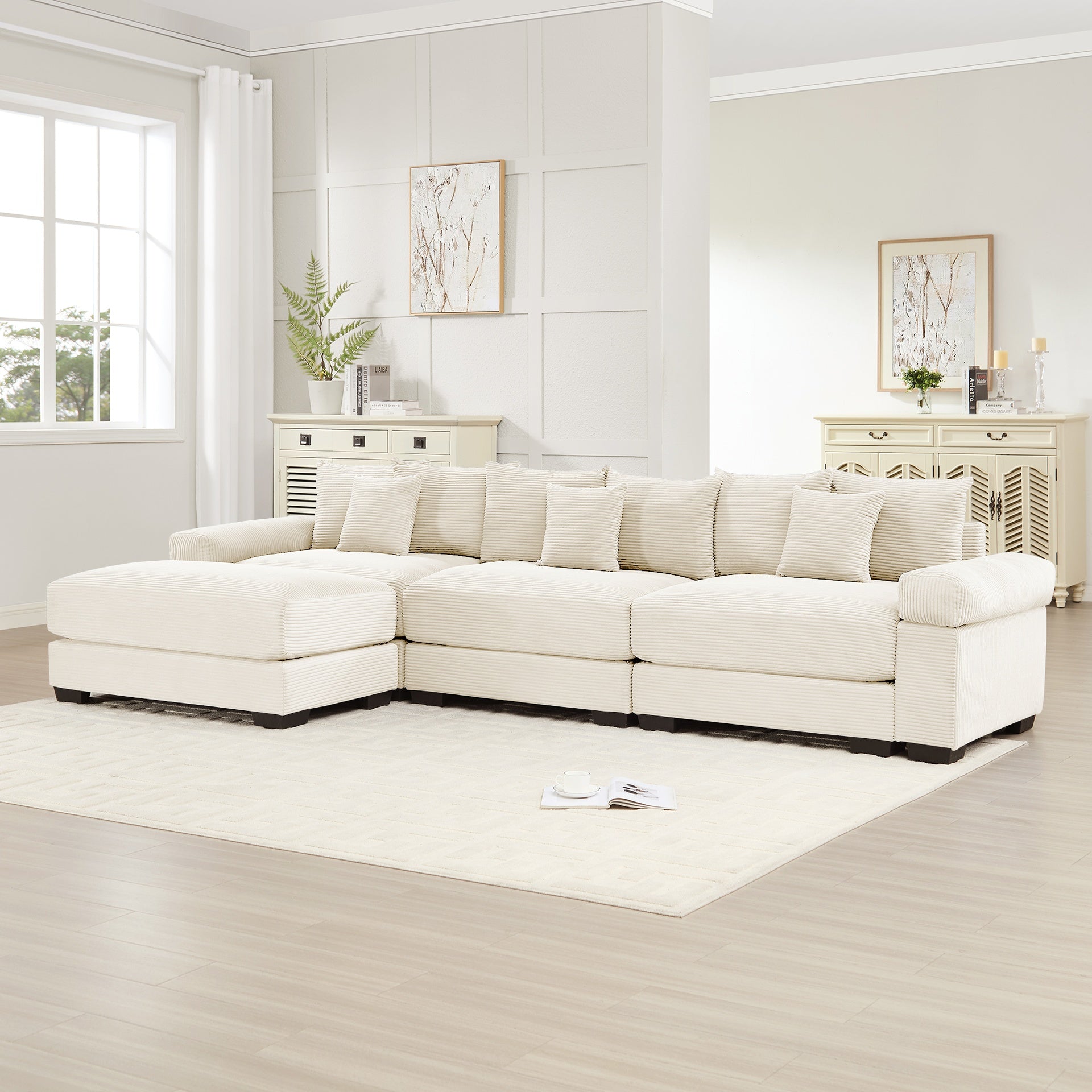 130"  Oversized Cloud Modular L-Shape Sectional Couch, Soft Corduroy Fabric,With An Ottoman,Deep Seat Wide Armrest Ergonomic Design 9 Pillows Easy Assembly,For Living Rooms bedroom,Cream