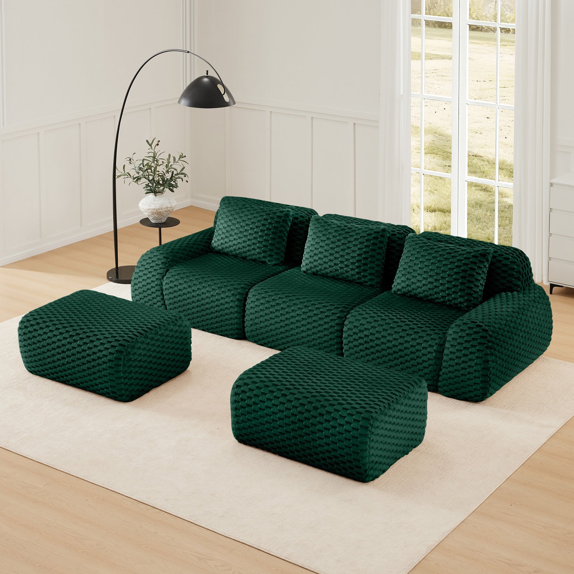 114" Modern U-Shaped Modular Sectional Sofa for Living Room,Flannelette Fabric,Oversized 3-Seater Couch,Deep Seat,Boneless sofa,Movable Ottoman,Buckle connection,Anti-slip Design,No Assembly,Green
