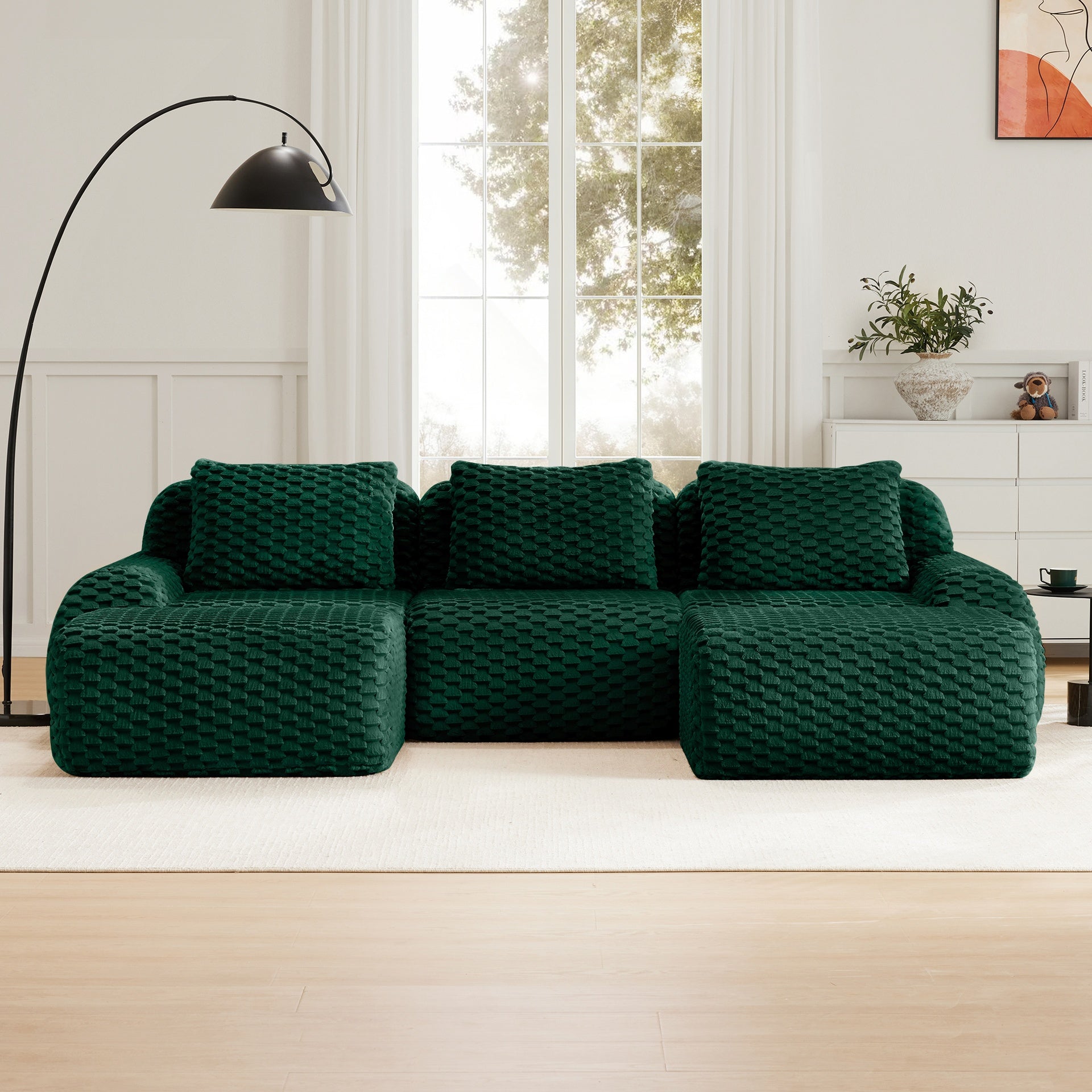 114" Modern U-Shaped Modular Sectional Sofa for Living Room,Flannelette Fabric,Oversized 3-Seater Couch,Deep Seat,Boneless sofa,Movable Ottoman,Buckle connection,Anti-slip Design,No Assembly,Green