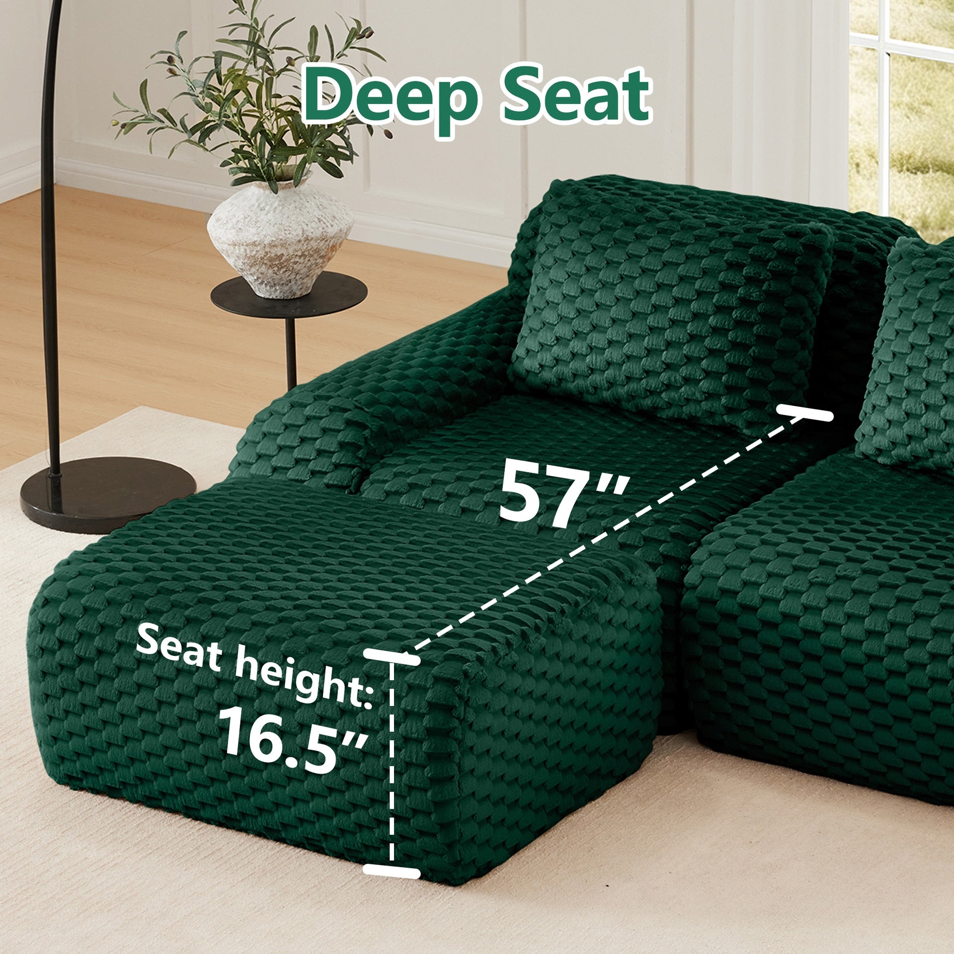 114" Modern U-Shaped Modular Sectional Sofa for Living Room,Flannelette Fabric,Oversized 3-Seater Couch,Deep Seat,Boneless sofa,Movable Ottoman,Buckle connection,Anti-slip Design,No Assembly,Green