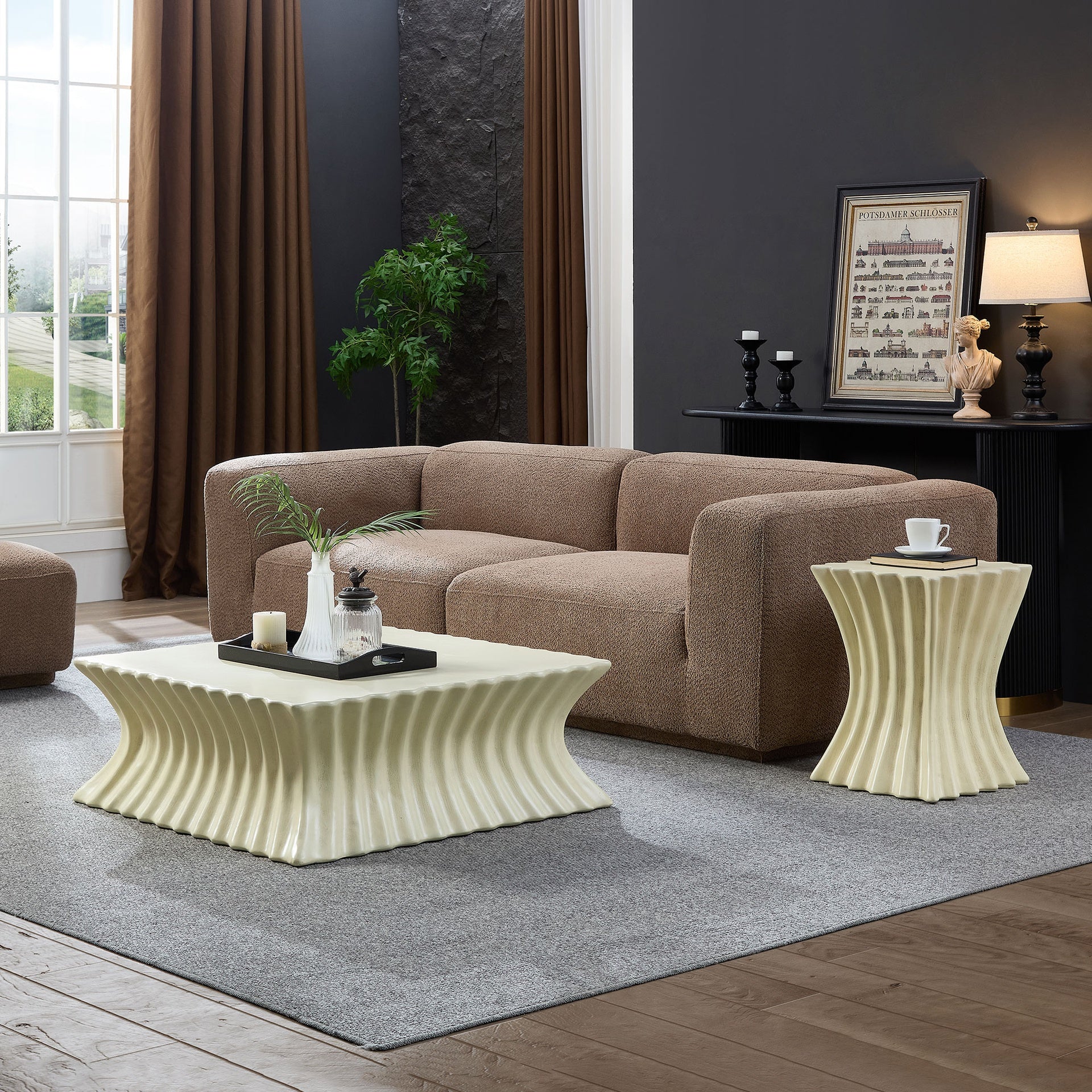 Set of 35.43''+15.16''CoffeeTable Vintage Sturdy Fiberglass Table For Living Room Apartment No Need Assembly Beige