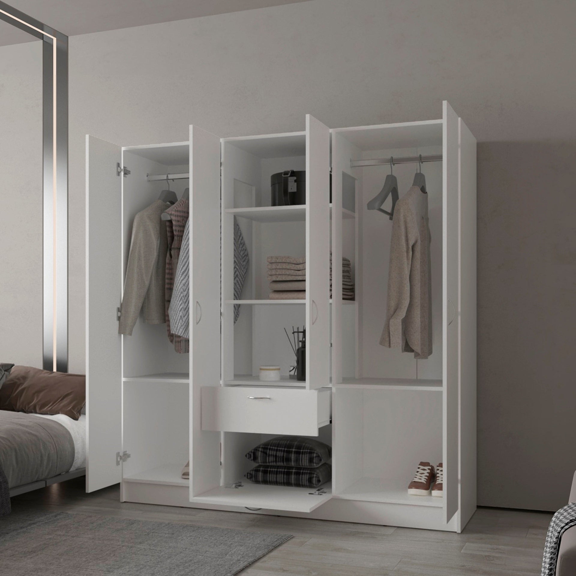 White 6-Door Wardrobe with Shelf and Drawer