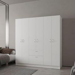 White 6-Door Wardrobe with Shelf and Drawer