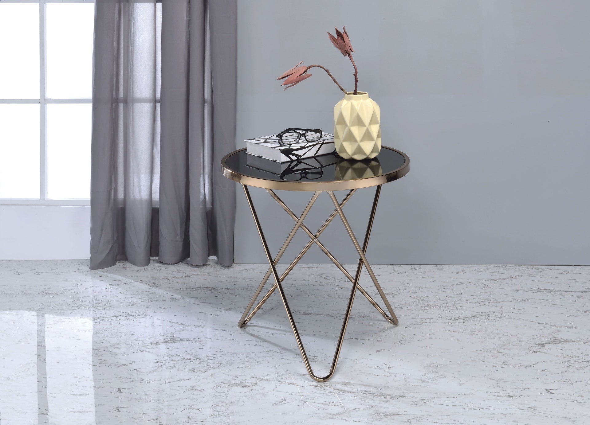 Valora Black Glass & Champagne Finish End Table