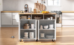K&K 55.5" Fluted Kitchen Island with 2 Drop Leaf, Kitchen Storage Cart with Power Outlet, 4 Doors, Spice rack, Rolling Island Table with Wood-grain Top, Curved Edge for Kitchen, Dining Room,White