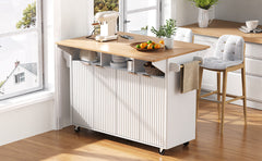 K&K 55.5" Fluted Kitchen Island with 2 Drop Leaf, Kitchen Storage Cart with Power Outlet, 4 Doors, Spice rack, Rolling Island Table with Wood-grain Top, Curved Edge for Kitchen, Dining Room,White