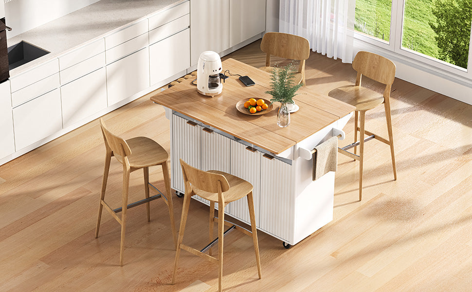 K&K 55.5" Fluted Kitchen Island with 2 Drop Leaf, Kitchen Storage Cart with Power Outlet, 4 Doors, Spice rack, Rolling Island Table with Wood-grain Top, Curved Edge for Kitchen, Dining Room,White