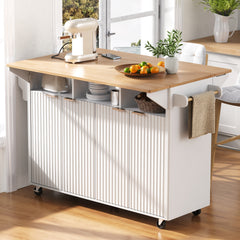 K&K 55.5" Fluted Kitchen Island with 2 Drop Leaf, Kitchen Storage Cart with Power Outlet, 4 Doors, Spice rack, Rolling Island Table with Wood-grain Top, Curved Edge for Kitchen, Dining Room,White