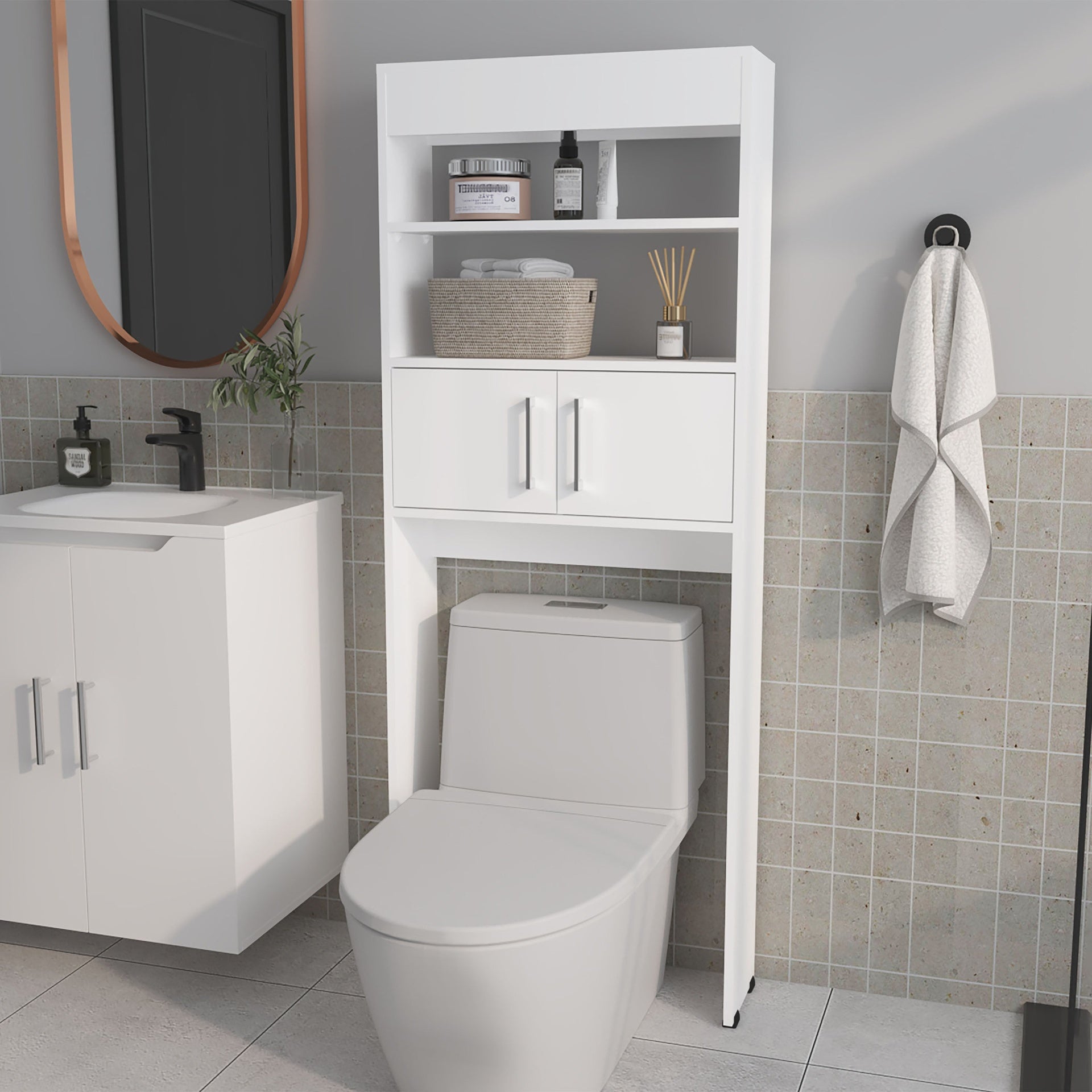White 2-Door Bathroom Storage Cabinet with Open Shelves
