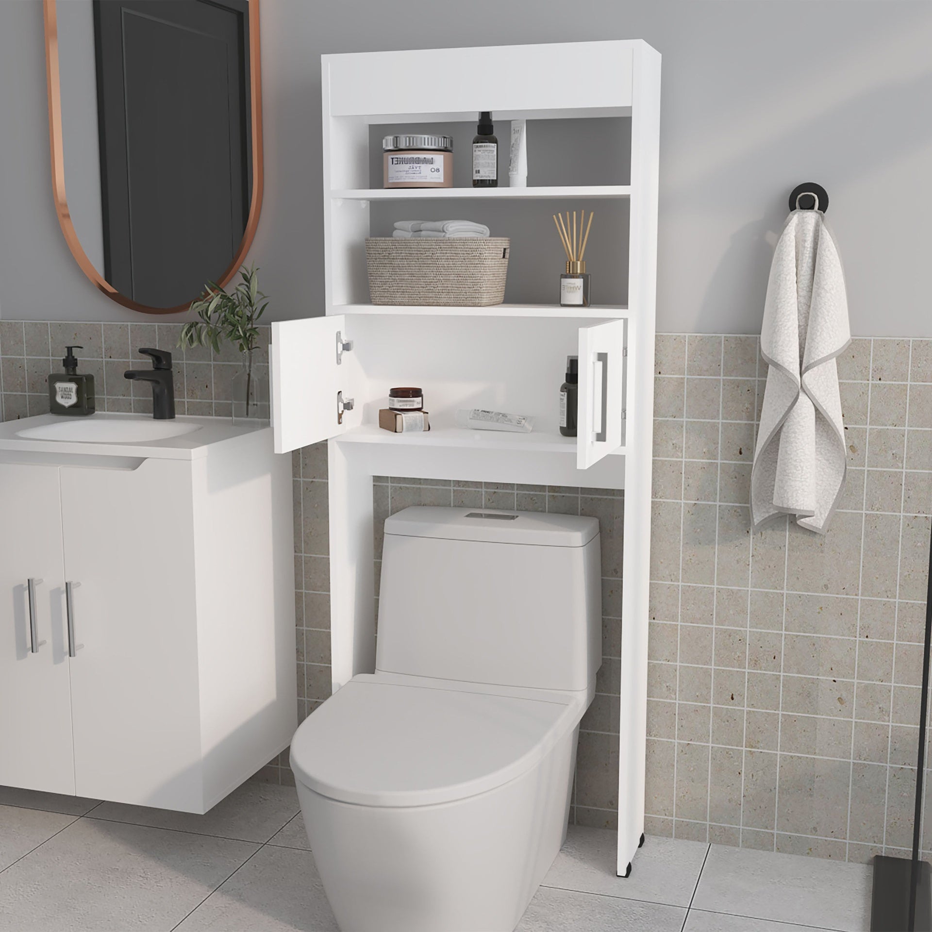 White 2-Door Bathroom Storage Cabinet with Open Shelves