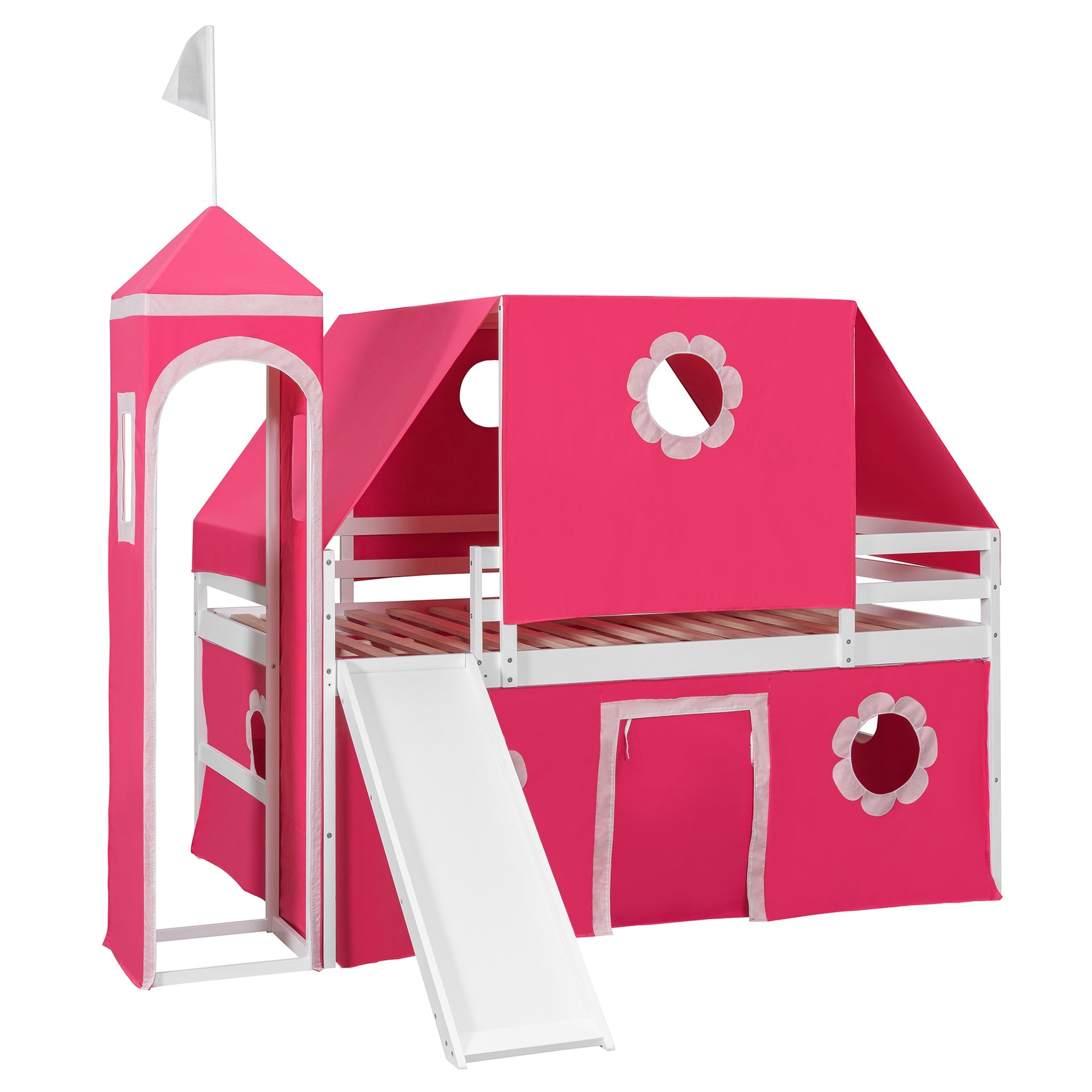 Full Size Loft Bed with Slide Pink Tent and Tower - Pink