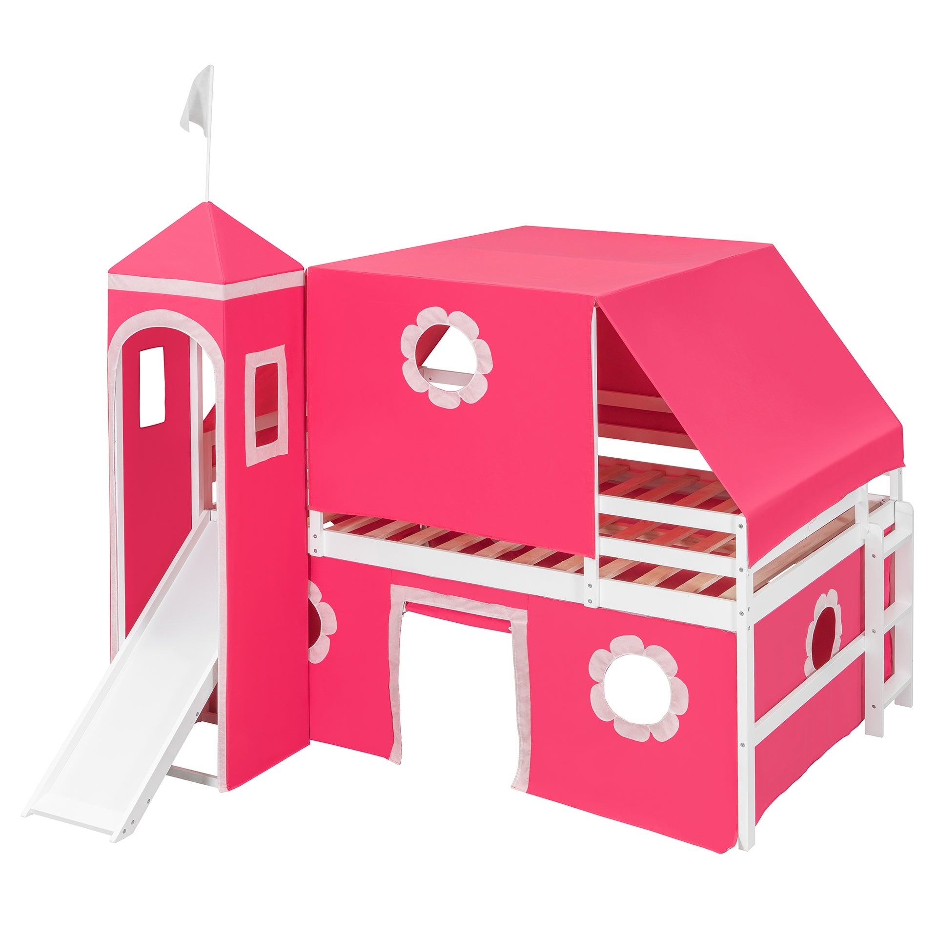 Full Size Loft Bed with Slide Pink Tent and Tower - Pink