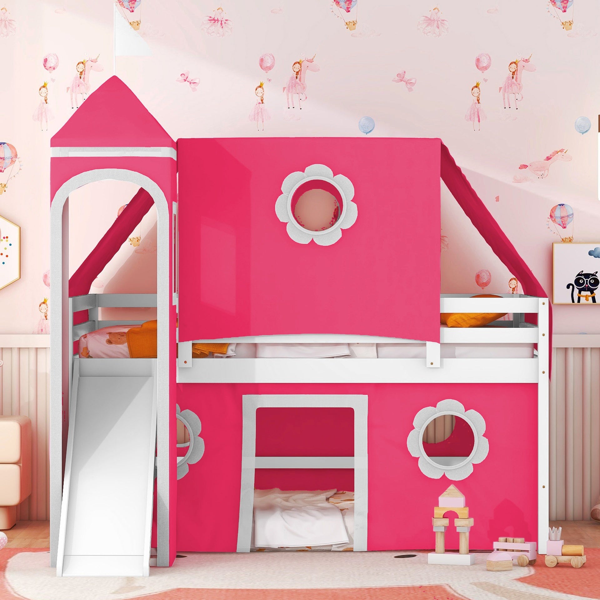 Full Size Loft Bed with Slide Pink Tent and Tower - Pink