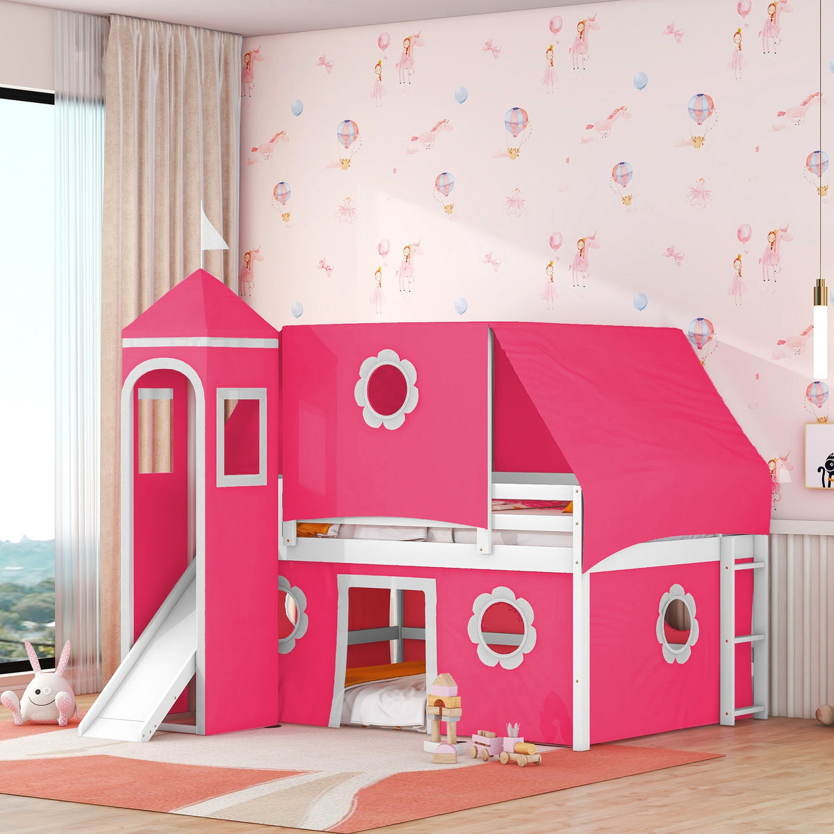 Full Size Loft Bed with Slide Pink Tent and Tower - Pink