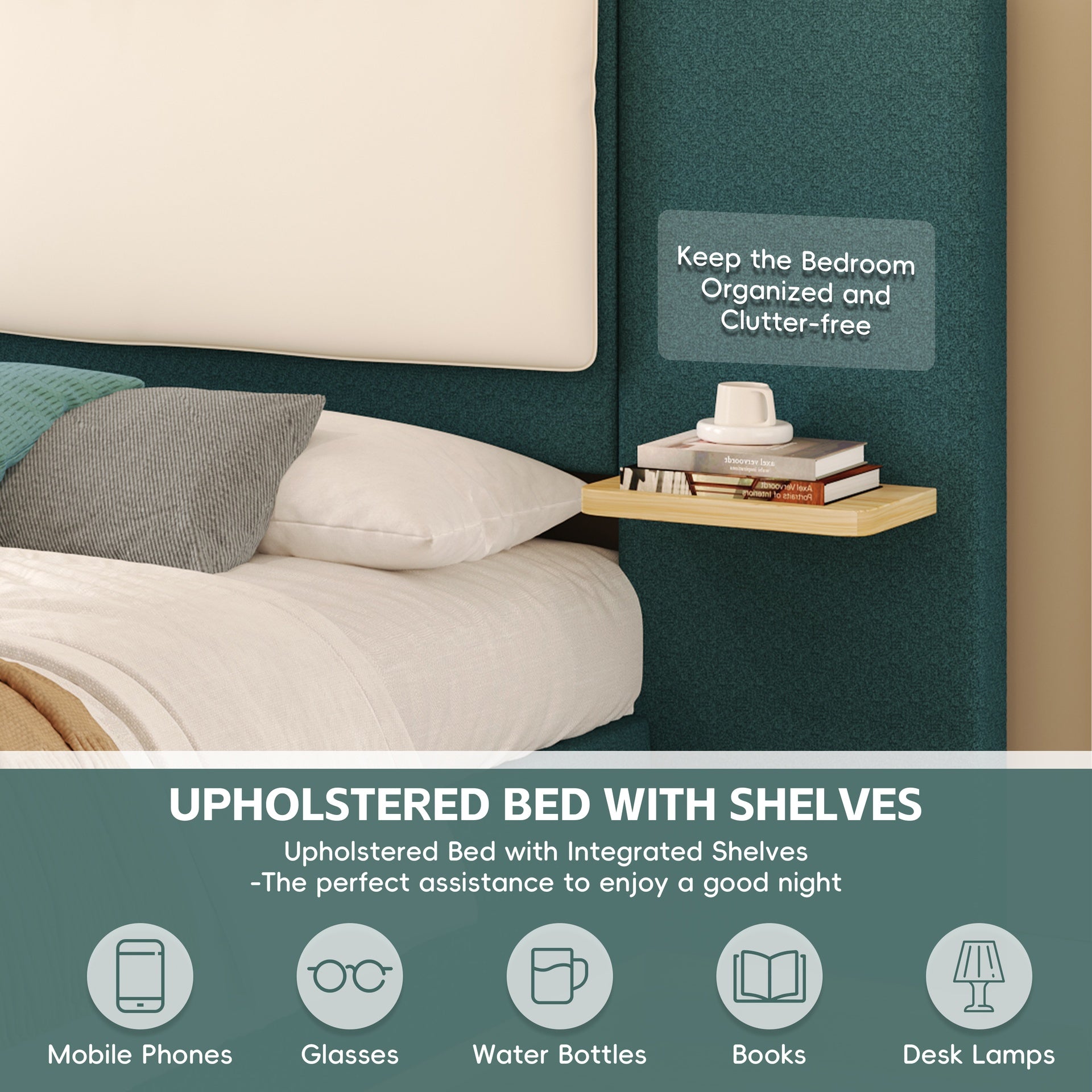 Queen Size Upholstered Platform Bed with Panel, Platform Bed Frame with Anti-Collision Soft Rounded Corners, Stable and Solid, No Box Spring Needed, Easy Assembly, Green
