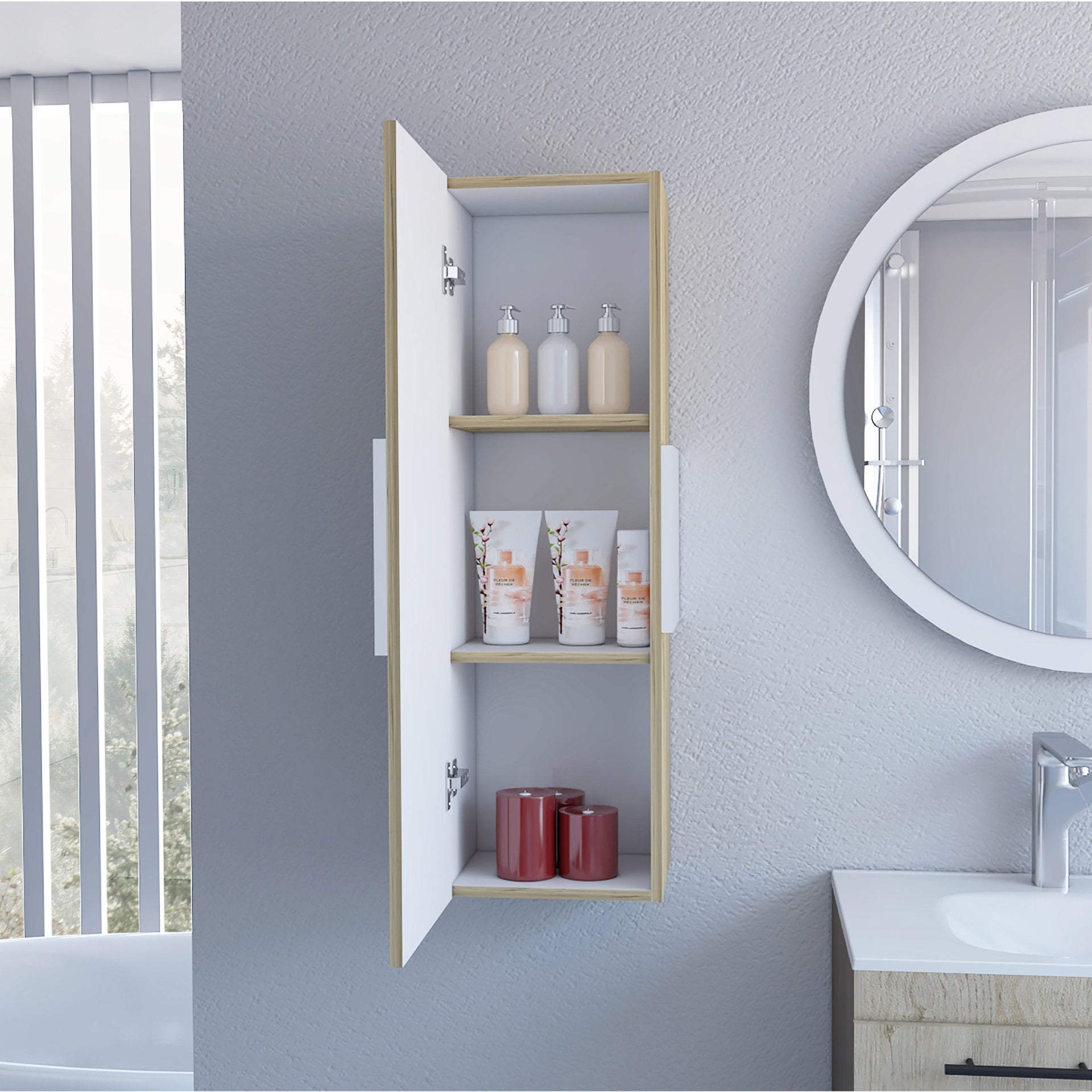 Light Oak and White 3-Shelf Rectangle Medicine Cabinet