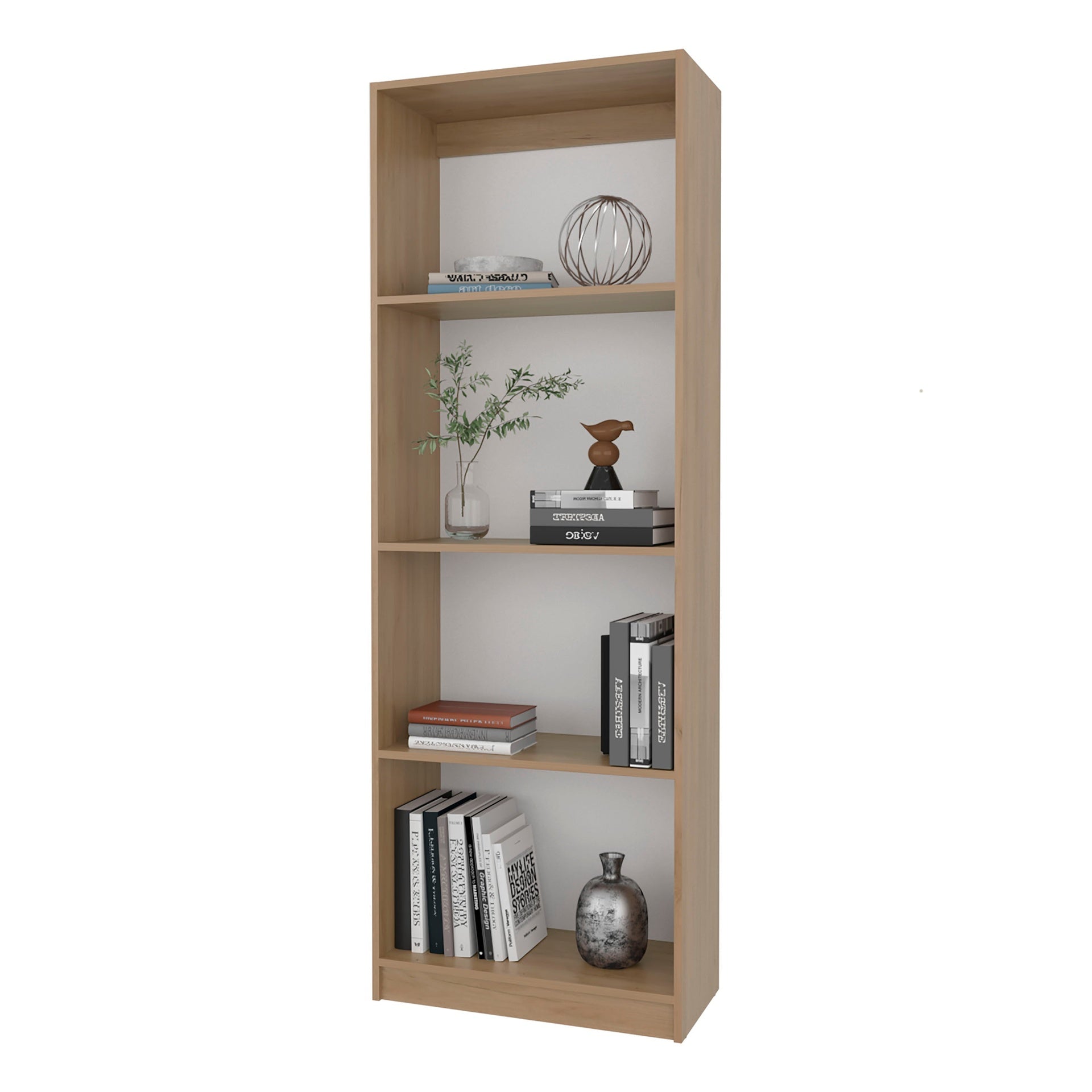 Natural Oak and White 4-Shelf Flat Bookcase with Open Storage