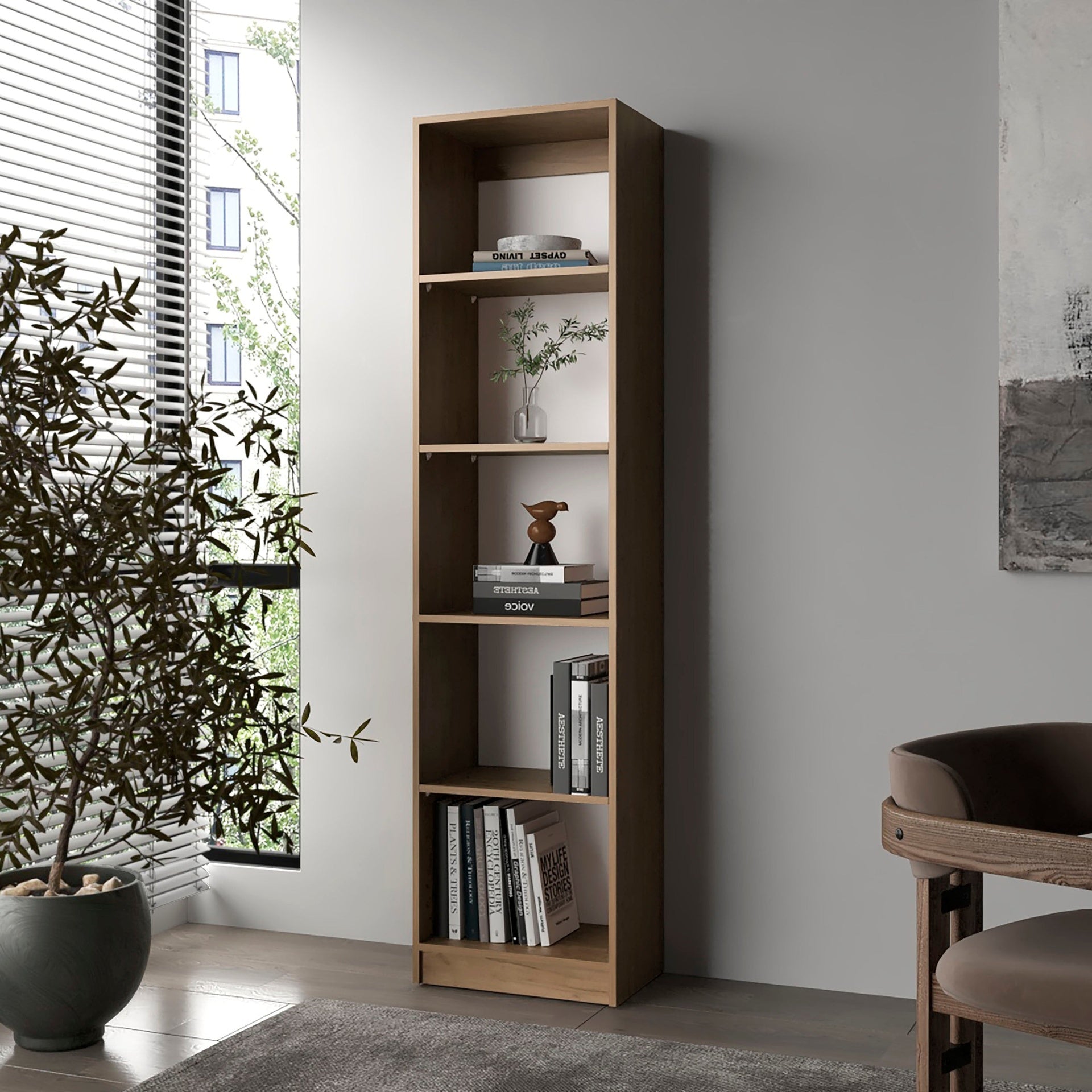 Natural Oak and White 5-Shelf Bookcase with Open Storage