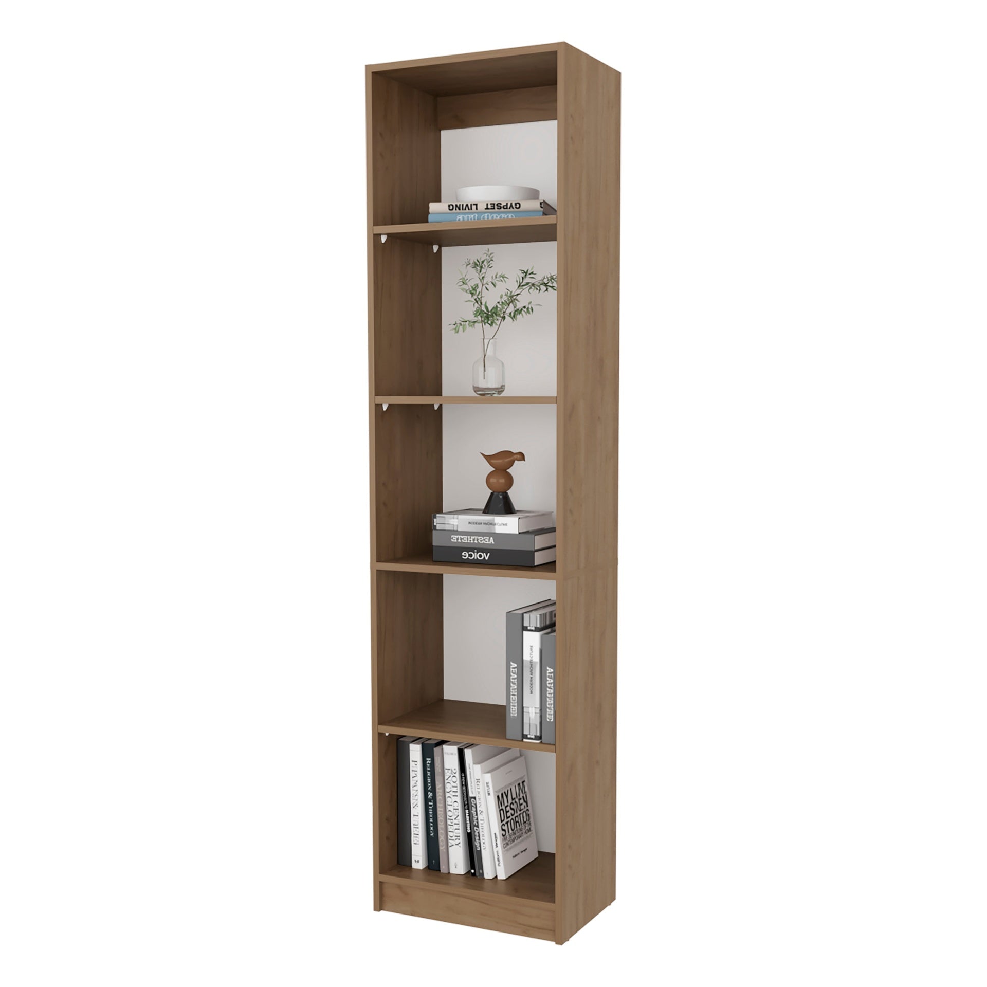Natural Oak and White 5-Shelf Bookcase with Open Storage