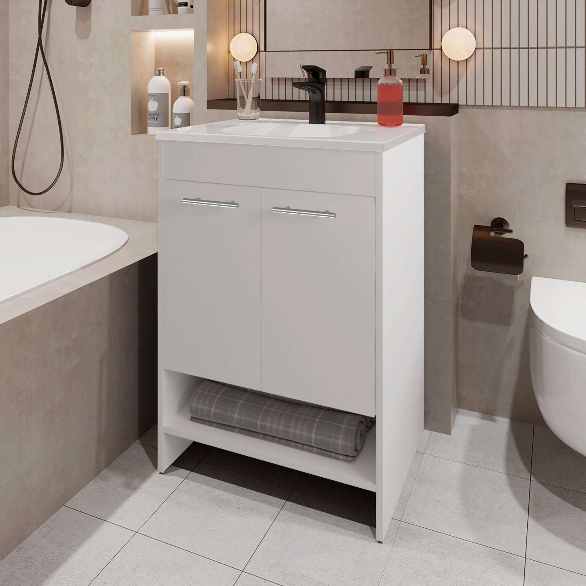White 2-Door Bathroom Vanity with Open Storage